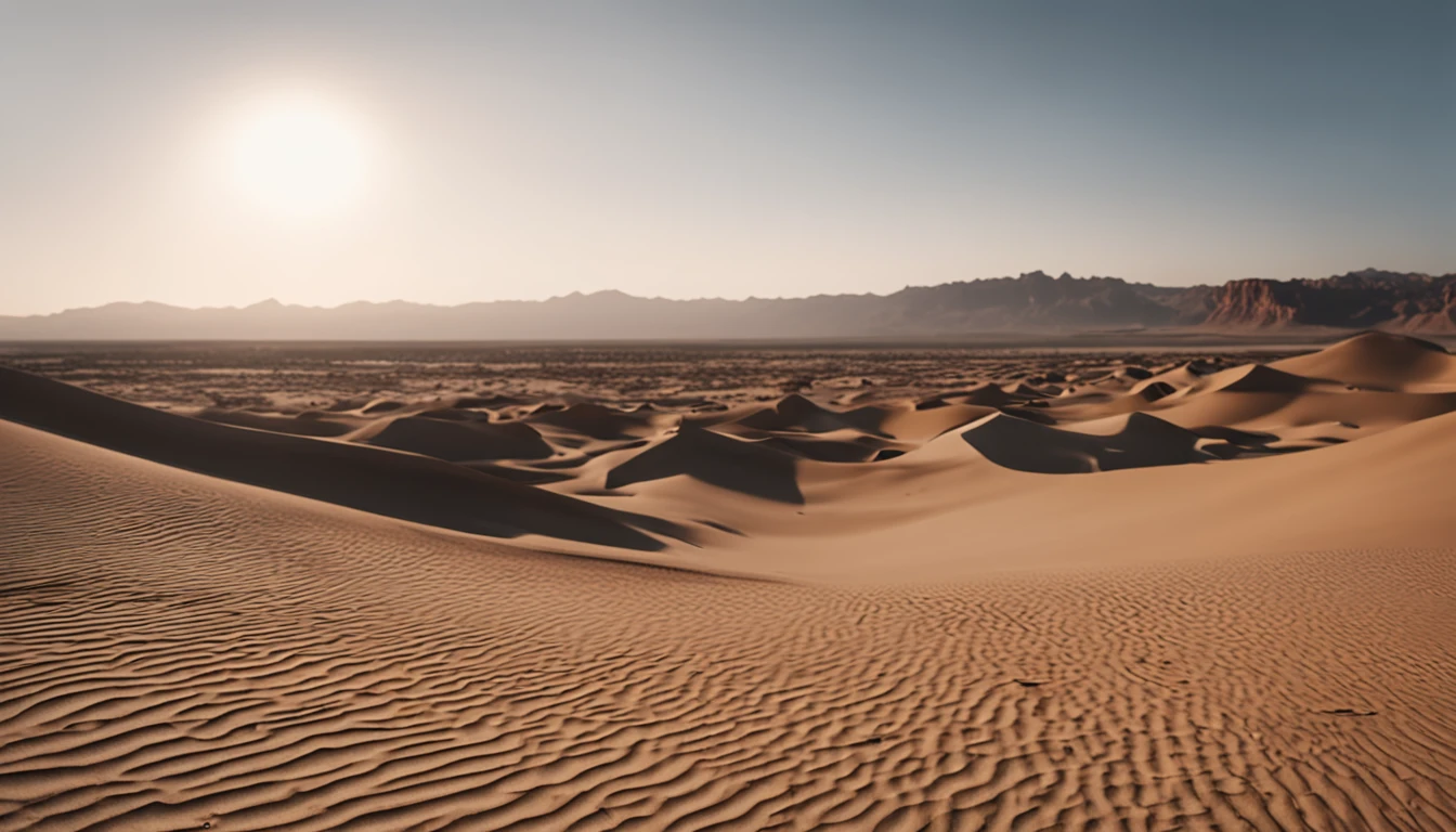 Cinematic images，Thick coating，Ultra-wide viewing angle，eventide，the setting sun，Vast desert，camelstoe：1.4，oases，废墟，The lines are smooth and accurate，Works of masters，super-fine，16K resolution，high qulity，电影灯光，High picture detail，dynamic viewing angle，Detailed pubic hair，Epic shooting，oc rendered