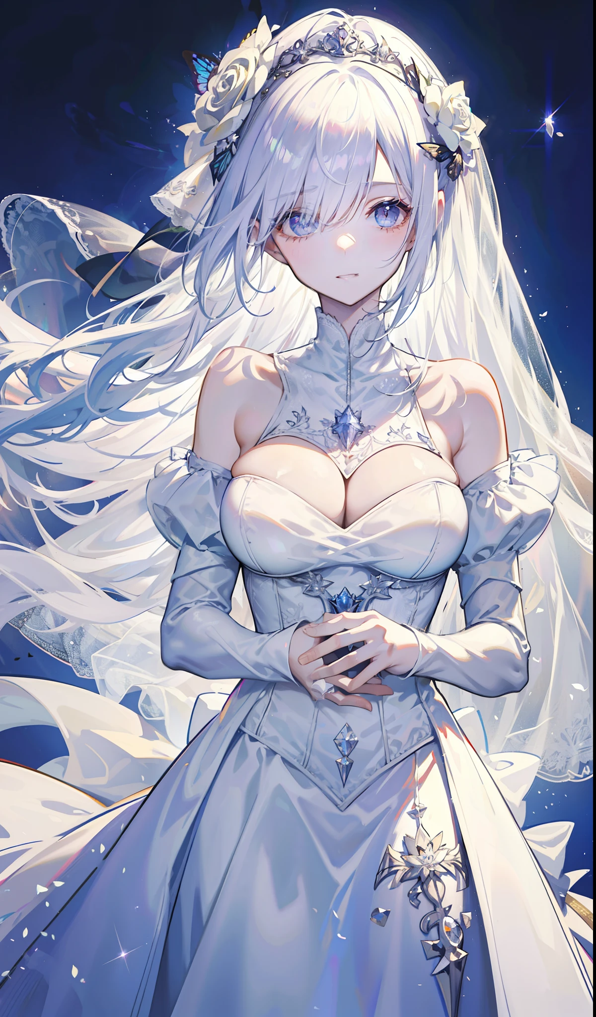 silber hair,butterflys,long whitr hair,white wedding gown,8k wallpaper,detailedbackground,Highest high resolution,deep v big breasts,Hair covers one eye,Bandeau wedding dress,chies,White rose,tight-fitting,
