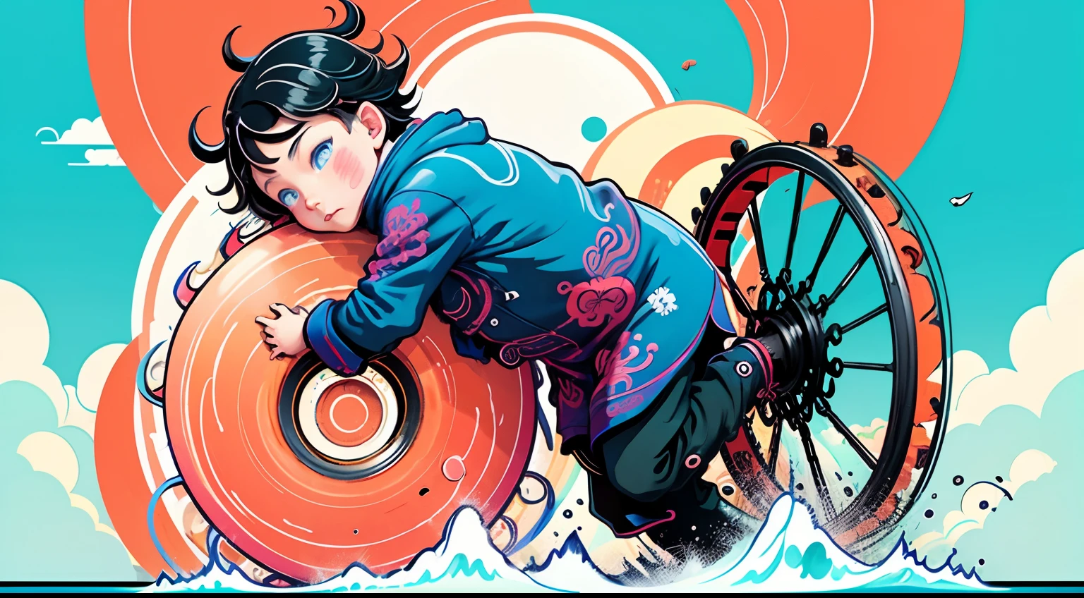 Making of Illustration Poster, Flat illustration, Colorful, Highly saturated, Wheel Guoguan, warm and bright, Colorful, HDTV8K, colored light particles, Heterochromatic, Male child, Upper body, Clear face, By the sea, A reasonably wide blue sky, white clouds, (Color: 1.5), -- V6