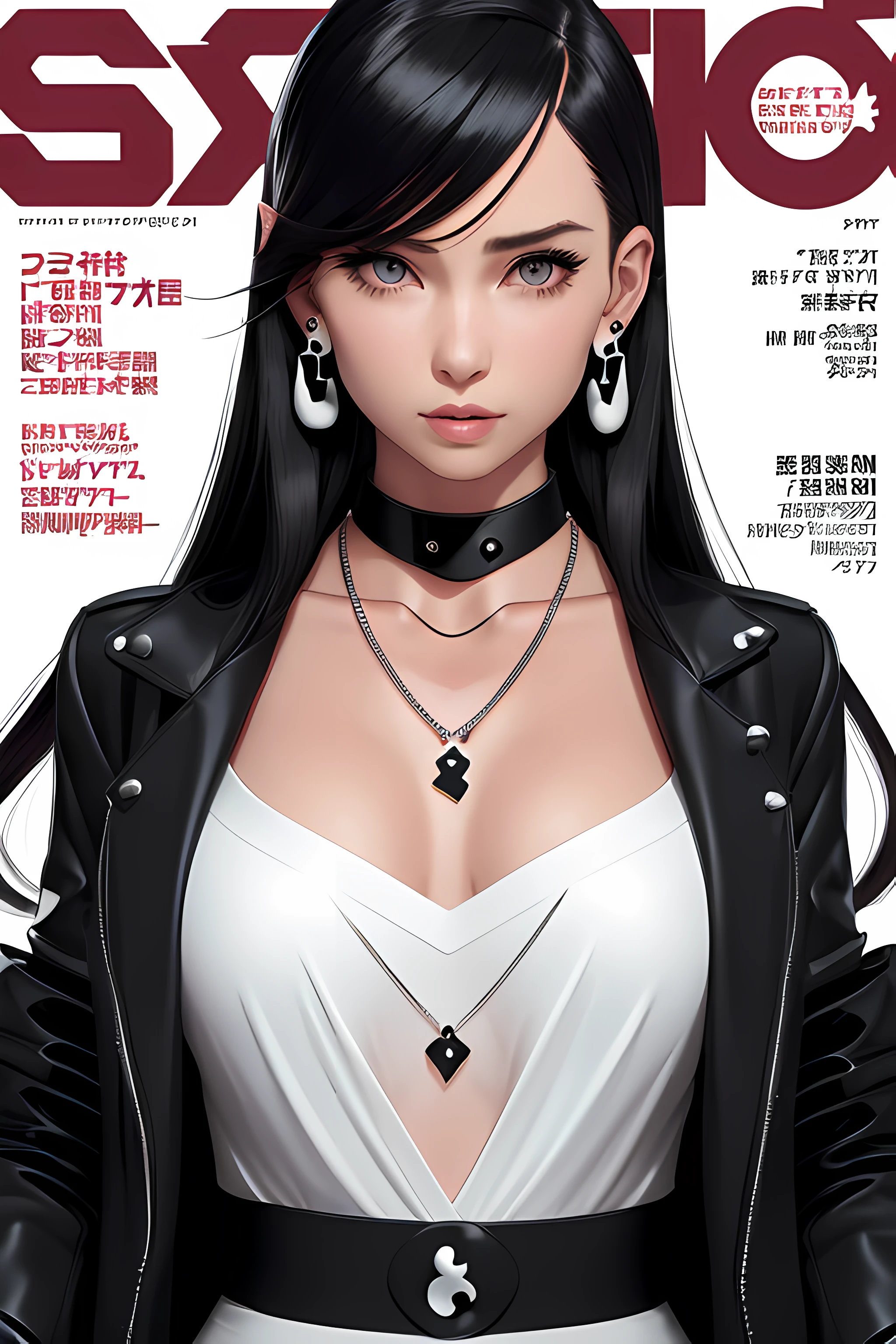 magazine scan,(magazine cover:1.2), cover text, text,( magatama necklace:1.1), wlop, 1girl, black gloves, black open jacket, character request, commentary, earrings, double v, jewelry, long hair, looking down, perfect flowing hair, solo,