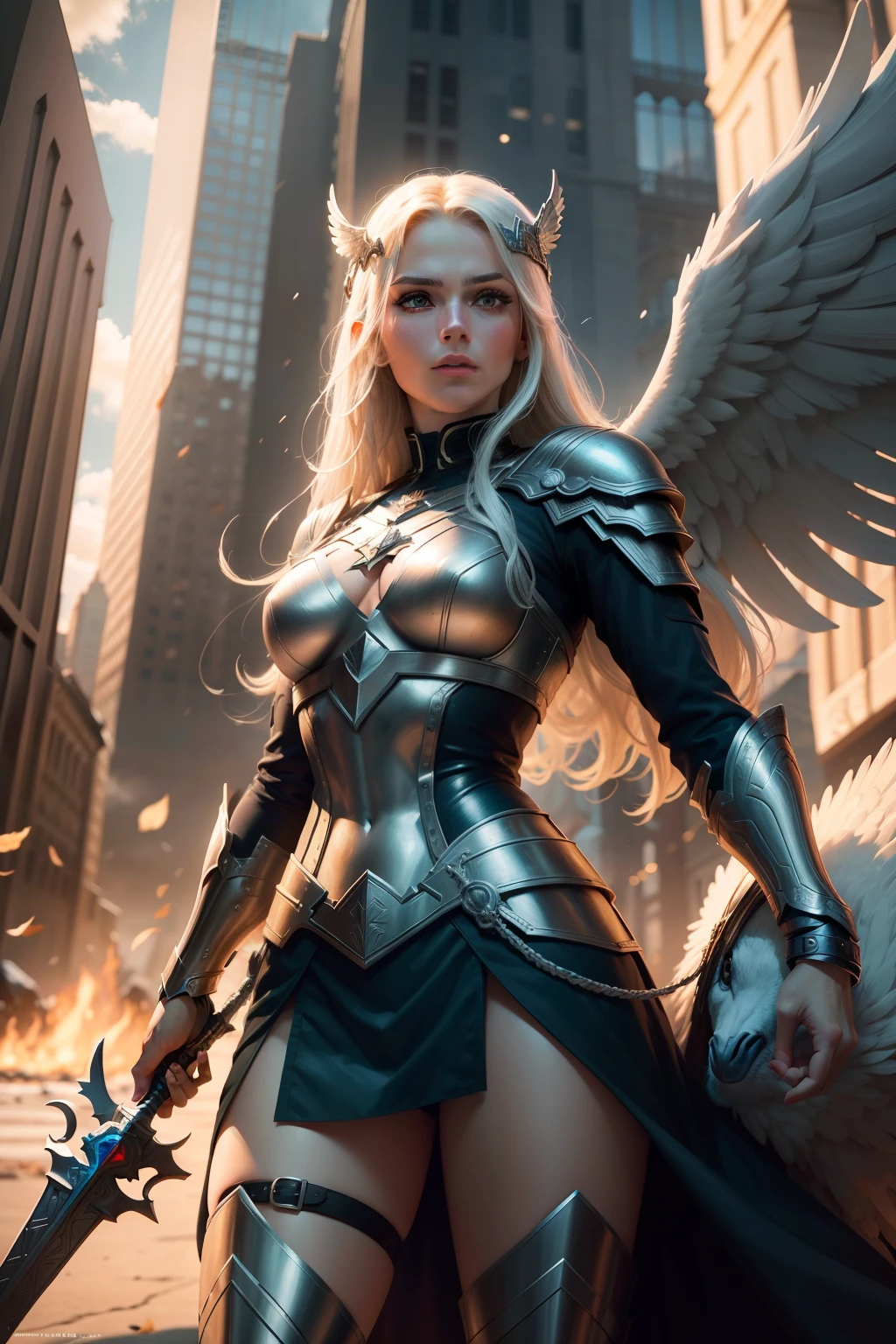 New York, Square of Time, Valkyrie, also known as Brunnhilde, is a character from Marvel Comics. She is an Asgardian warrior and a member of the Valkyries, a group of godlike warriors tasked with escorting the souls of fallen warriors to Valhalla. Valkyrie is skilled in hand-to-hand combat, wielding a sword and riding a majestic winged horse called Pegasus. She possesses superhuman strength, stamina, and longevity due to her Asgardian heritage. Additionally, Valkyrie is notable for her leadership, determination, and loyalty to her fellow Asgardians and the Avengers. Her presence brings a touch of mysticism and heroism to the mythology of the Marvel Universe. (best quality: 1.0), (Ultra Highres: 1.0), highly detailed face and eyes, (photorealistic: 1.2)