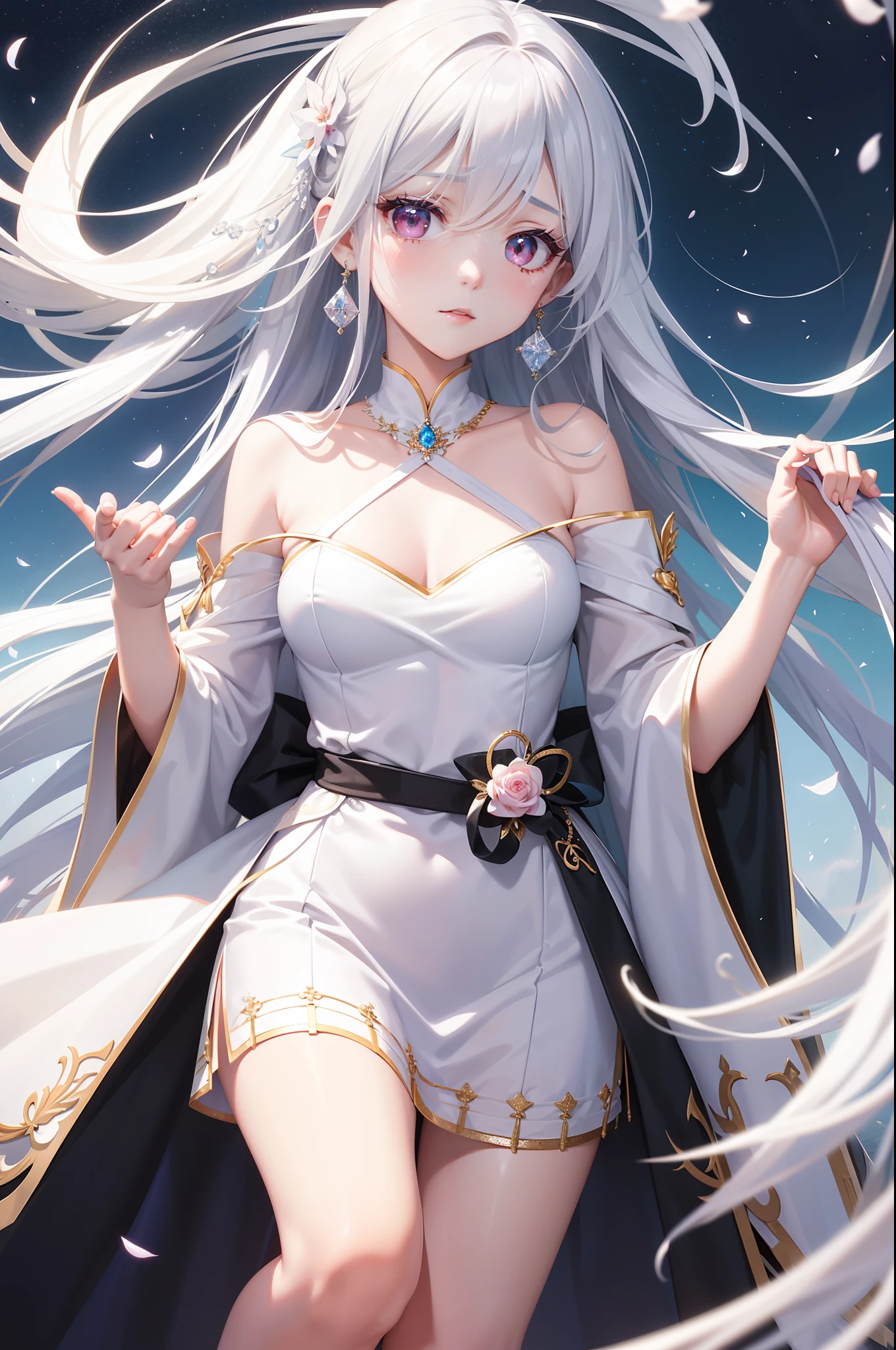 a women, white hair, purple eyes, white dress