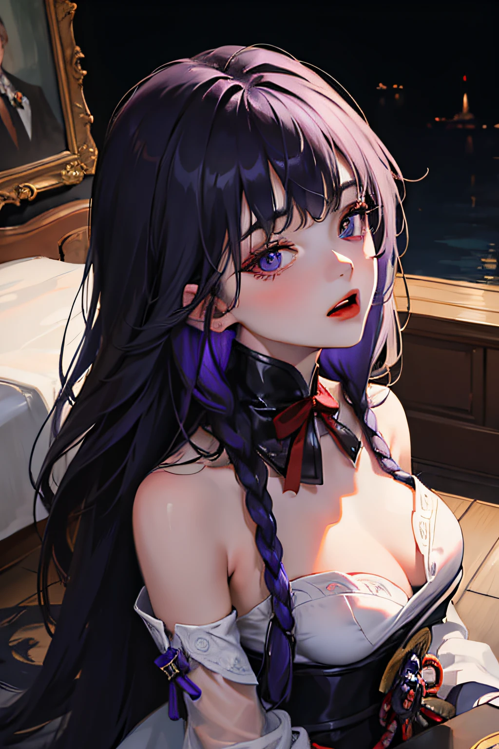 bust, ((((masterpiece, best quality, ultra-detailed)))), illustration, artbook, solo, extremely _face:1.1, raiden_shogun:1.1, very long braid:1.1, purple eyes, wearing lingera, wearing long black stocking, laying on the bed, really wet body, having sex, opened mounth with lots of cum, sticking out tongue, spread