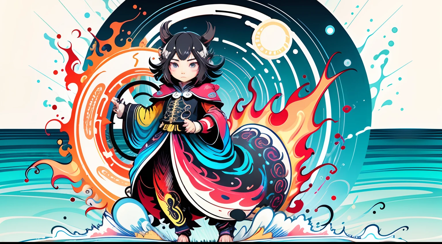 Making of Illustration Poster, Flat illustration, Colorful, Highly saturated, Wheel Guoguan, warm and bright, Colorful, HDTV8K, colored light particles, Heterochromatic, Male child, Upper body, Clear face, By the sea, Moderately wide blue sky, white clouds, (Color: 1.5), -- V6