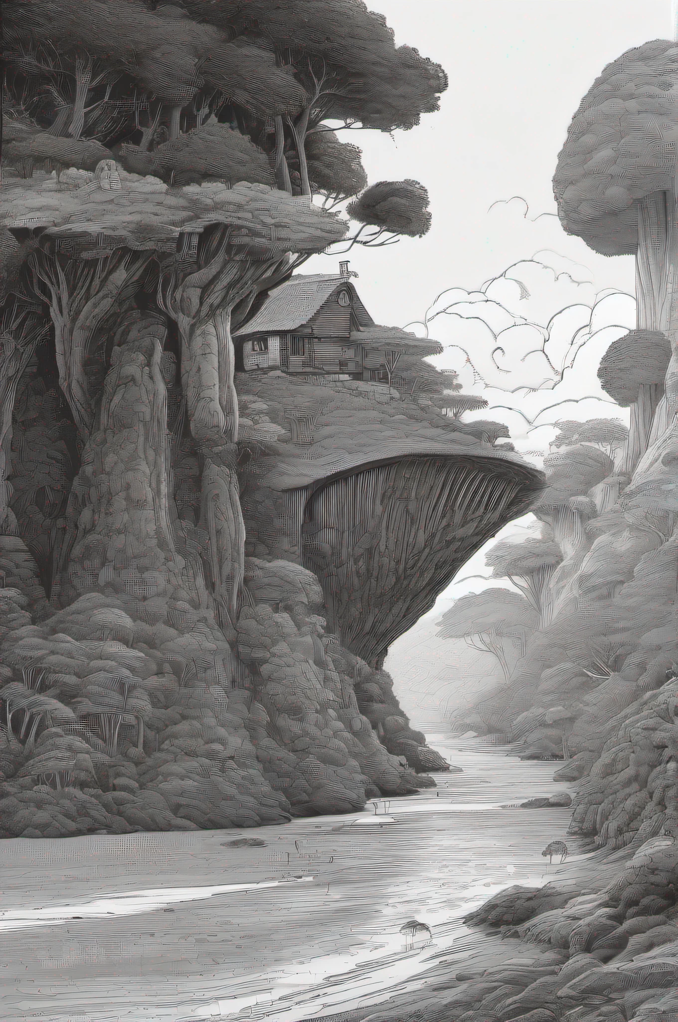 Paysage fantastique, Nausicaa, rivers and waterfalls, (Uneven terrain:1.6), (Colorful fungal houses recovered: 1.5), (buissons moelleux: 1.1), vent, Cumulonimbus Cloud, cirrus, thick silhouette, silhouette pointue, extreme details, 8k, UHD, grain du film, black and white drawing in ink