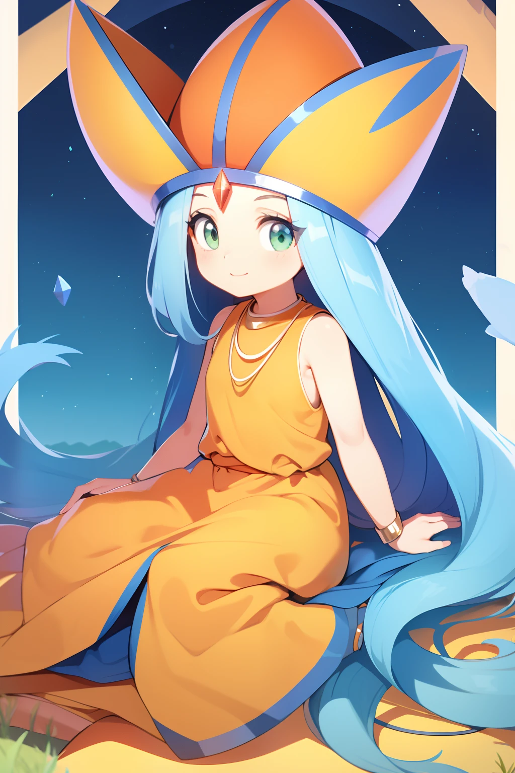 top quality, best quality, light orange dress, sleeveless, light orange hat, light blue hair, very long hair, tied hair ends, light green eyes, red jewel accessory on forehead, blue shoes, little girl, cute, high quality, near the lake, sitting, {{{sun shining blue sky}}}, cute smile