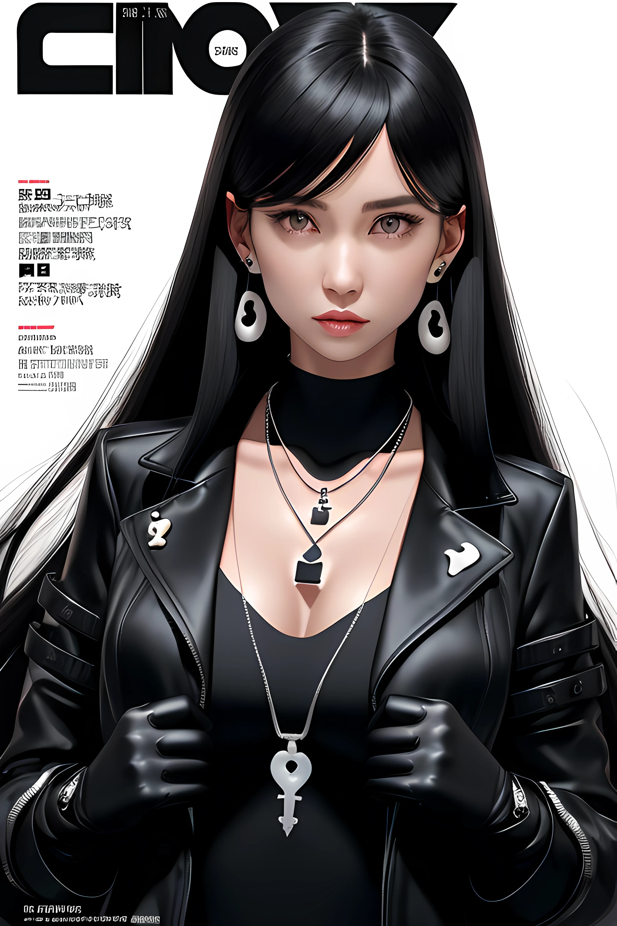 magazine scan,(magazine cover:1.2), cover text, text,( magatama necklace:1.1), wlop, 1girl, black gloves, black open jacket, character request, commentary, earrings, double v, jewelry, long hair, looking down, perfect flowing hair, solo