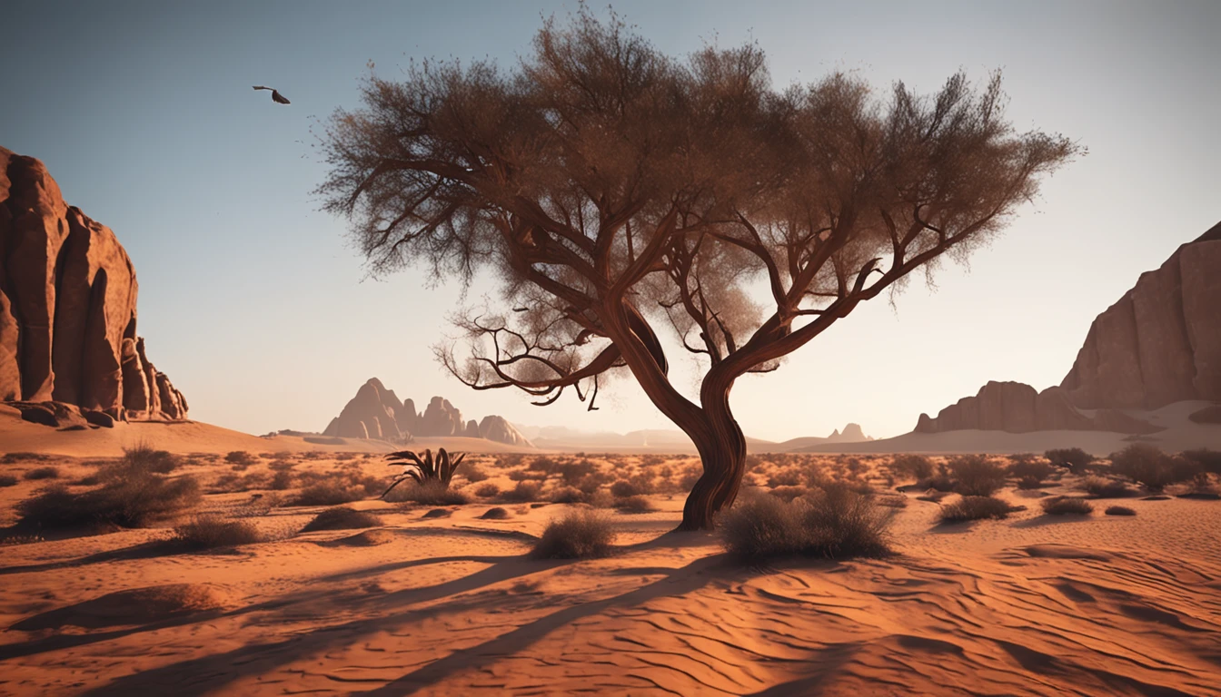 Cinematic images，Ultra-wide viewing angle，eventide，the setting sun，Vast desert，camelstoe：1.4，oases，废墟，The lines are smooth and accurate，Works of masters，super-fine，16K resolution，high qulity，电影灯光，High picture detail，dynamic viewing angle，Detailed pubic hair，Epic shooting，oc rendered