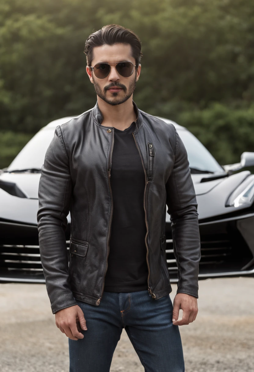 (um homem fisicamente bem, careca,(sun glasses:1.1+barba:1.1), wearing jeans and black shirt, jaqueta escura, standing near a supercar and a helicopter on it, retrato)