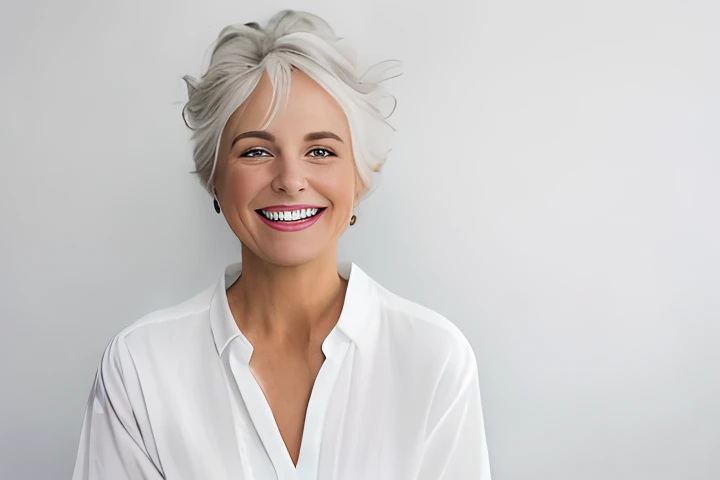 a woman with white hair smiling and wearing a white shirt, white haired lady, smiling woman, white haired, white-haired, she is smiling and happy, making the best smug smile, gray haired, beautiful and smiling, silver haired, she is smiling, 70 years old, 7 0 years old, wearing silver hair, flowy white grey hair, smiling with confidence