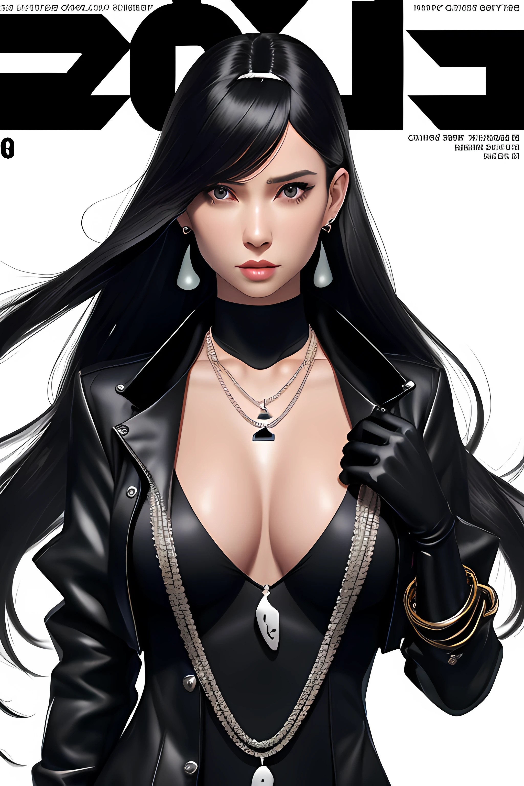 magazine scan,(magazine cover:1.2), cover text, text,( magatama necklace:1.1), wlop, 1girl, black gloves, black open jacket, character request, commentary, earrings, double v, jewelry, long hair, looking down, perfect flowing hair, solo,
