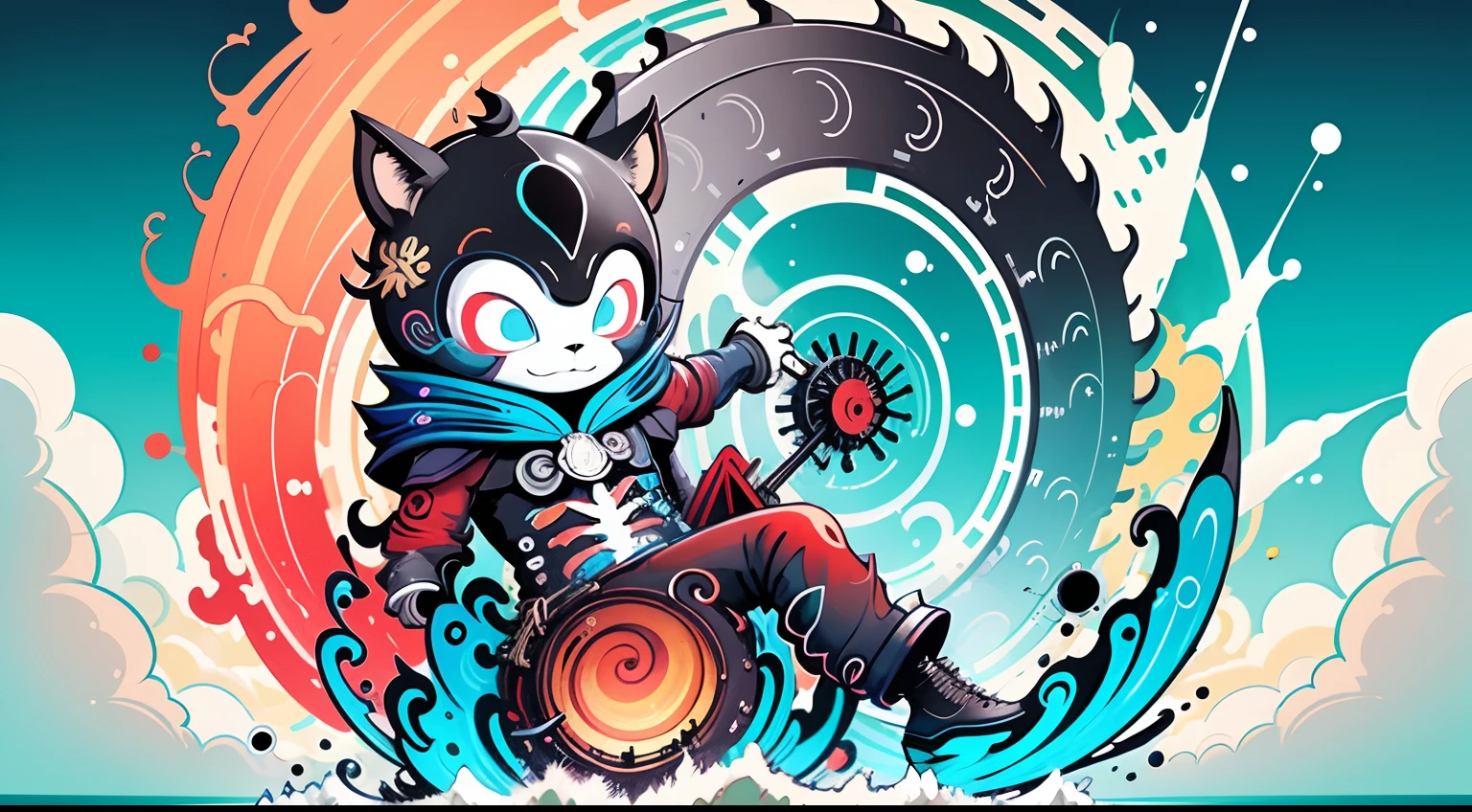 Making of Illustration Poster, Flat illustration, Colorful, Highly saturated, Wheel Guoguan, warm and bright, Colorful, HDTV8K, colored light particles, Heterochromatic, Male child, Upper body, Clear face, By the sea, Moderately wide blue sky, white clouds, (Color: 1.5), -- V6