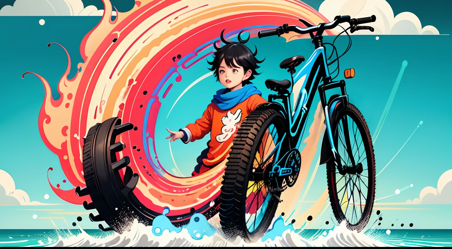 Making of Illustration Poster, Flat illustration, Colorful, Highly saturated, Wheel Guoguan, warm and bright, Colorful, HDTV8K, colored light particles, Heterochromatic, Male child, Upper body, Clear face, By the sea, Moderately wide blue sky, white clouds, (Color: 1.5), -- V6