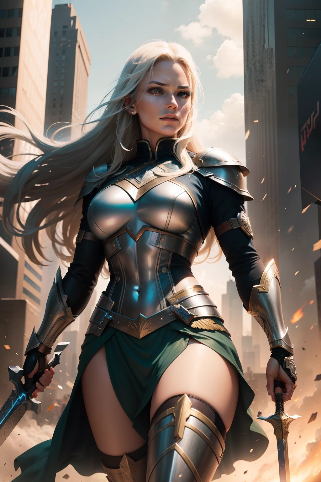 New York, Time Square, Valkyrie, also known as Brunnhilde, is a Marvel Comics character. She is an Asgardian warrior and a member of the Valkyries, a group of godlike warriors tasked with escorting the souls of fallen warriors to Valhalla. Valkyrie is skilled in hand-to-hand combat, wielding a sword and riding a majestic (Lot) named Pegasus. She possesses superhuman strength, stamina, and longevity due to her Asgardian heritage. Additionally, Valkyrie is notable for her leadership, determination, and loyalty to her fellow Asgardians and the Avengers. Her presence brings a touch of mysticism and heroism to the mythology of the Marvel Universe. (best quality: 1.0), (Ultra Highres: 1.0), highly detailed face and eyes, (photorealistic: 1.2)