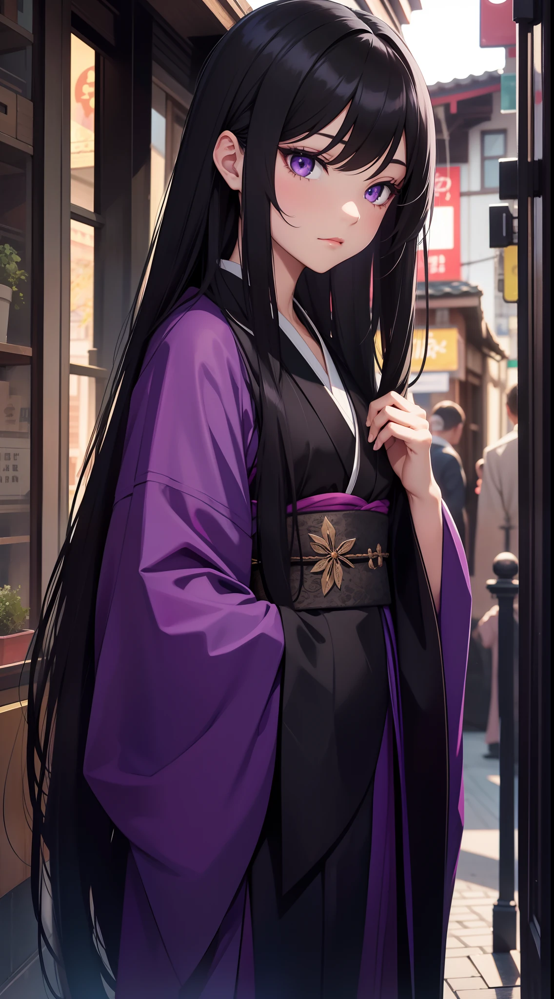 adult man, Long black hair, violet eyes, Thin, black kimono, Masterpiece, hiquality