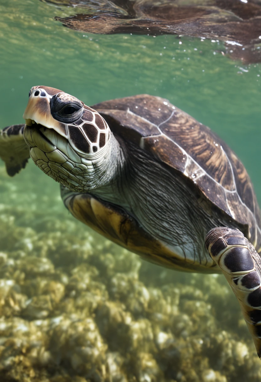 animal - turtle eating plastic, nadando no oceano, recife de corais