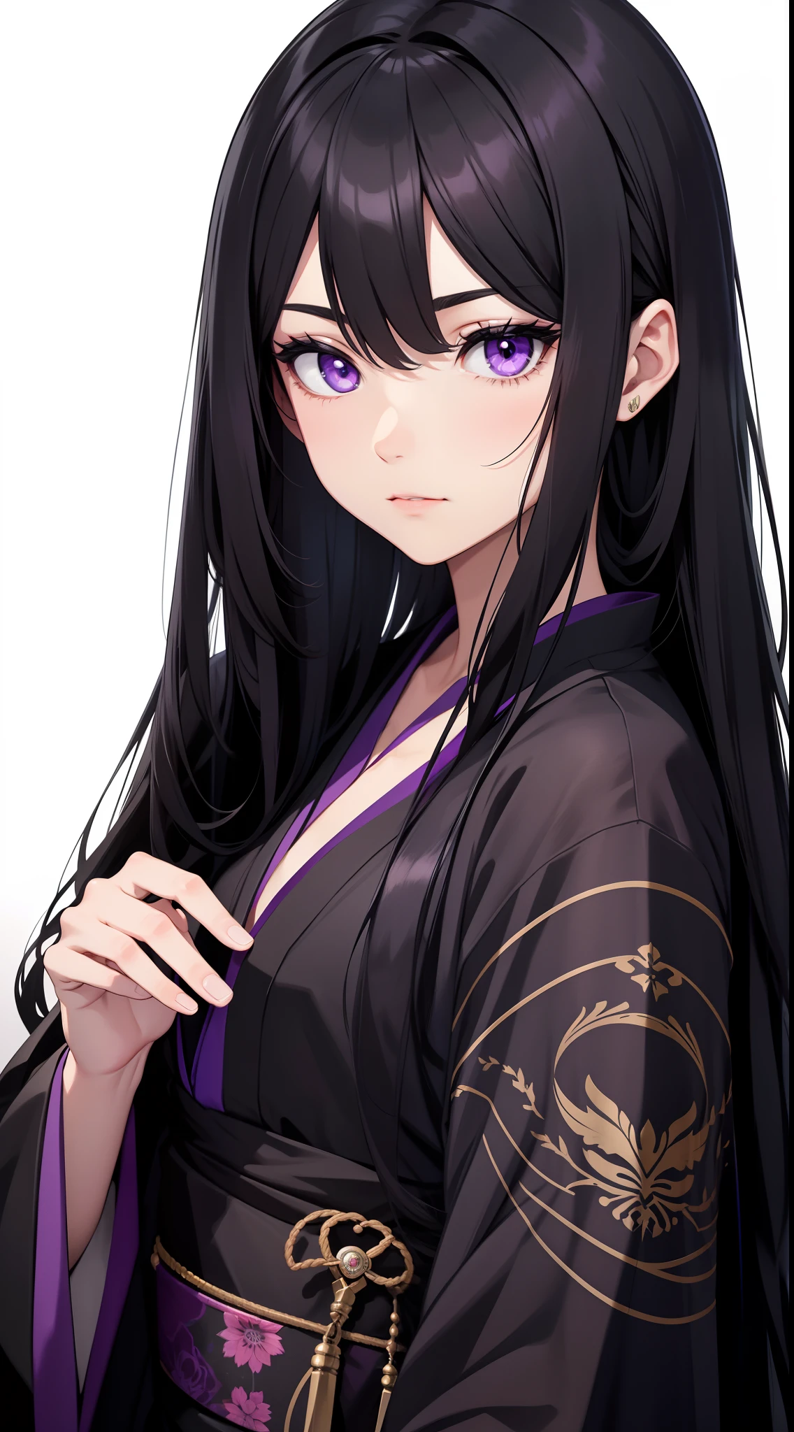 adult man, Long black hair, violet eyes, Thin, black kimono, Masterpiece, hiquality