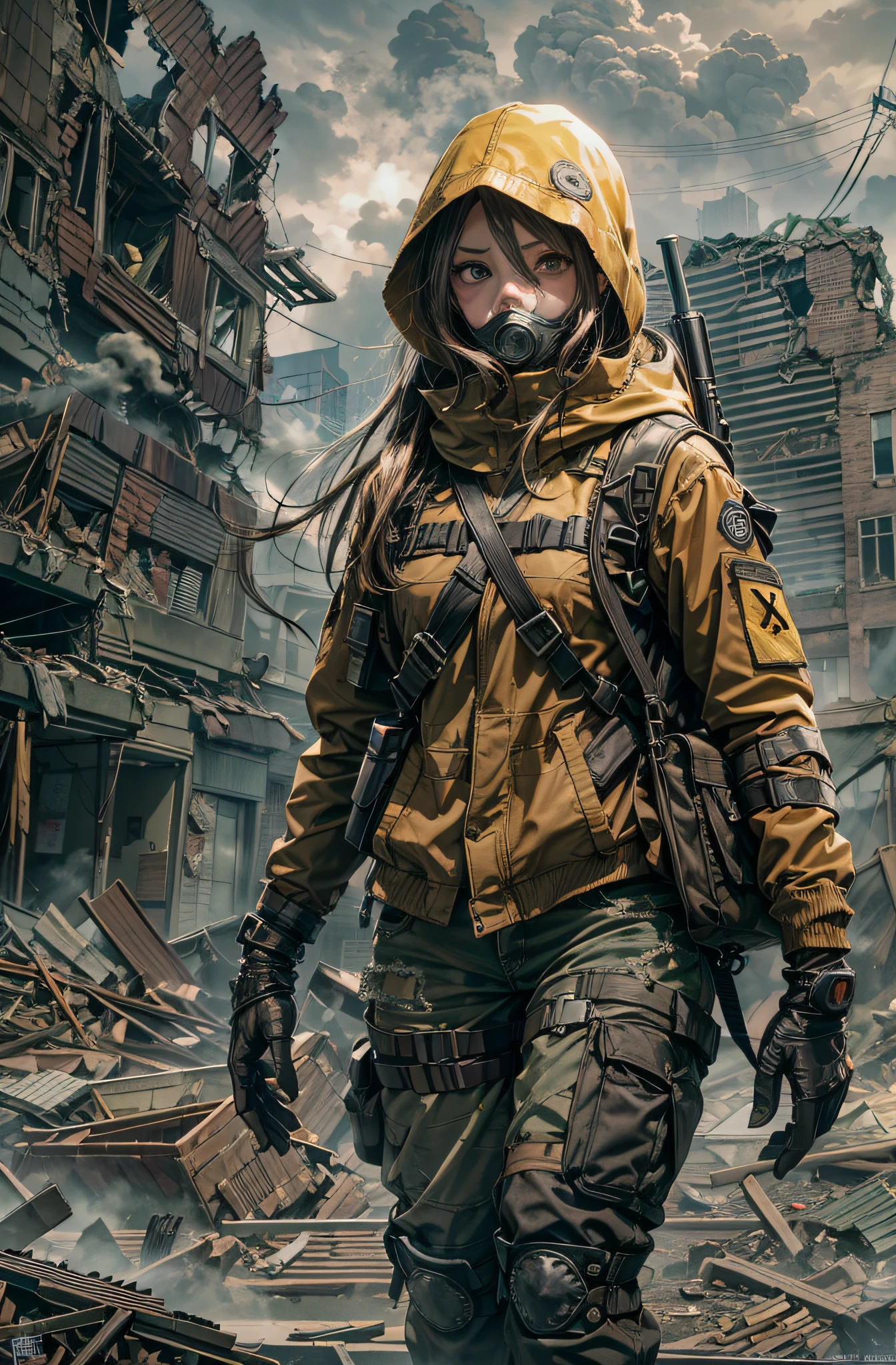 street snap, masterpiece, best quality, high resolution, rich details, 8k, extreme light and shadow, image of a beautiful young girl wearing tactical gear, holding a AK47 with two hand, walking down a desolated street in a collapsed city, post apocalypse, smoke and fog in the air, yellow gray sky covered with toxic cloud, collapsed building, broken street, tall body, detailed face, detailed eye, cold face, dirty, (post apocalypse theme),