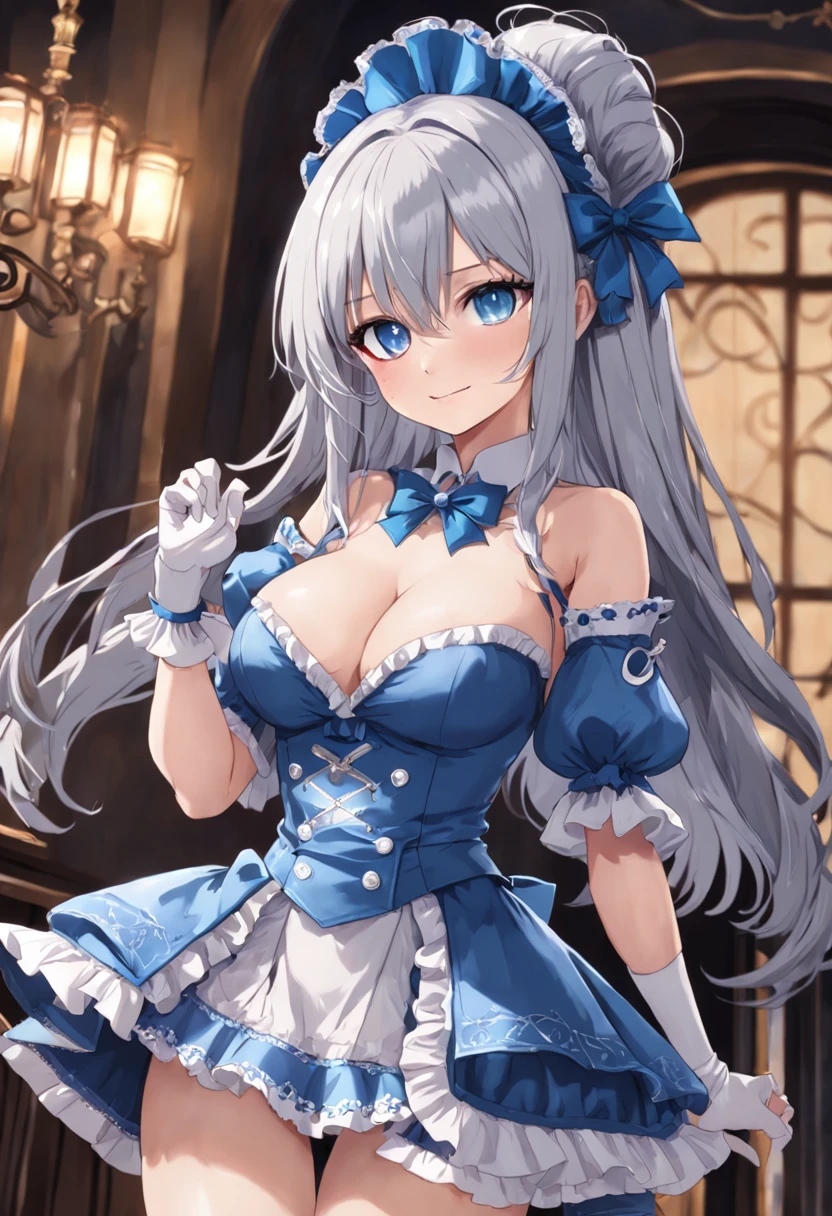 (insanely detailed 1girl beautiful anime:1.5), holding a glass of champagne, ((:d:1.2)),(best smile:1.3),((slender)),large breasts,(((insanely detailed blue alternate costume))),(((insanely detailed clothes))),(upper cleavage:1.5),(((puffy sleeves))),(((framed breasts))),((ash gray hair,very_long_hair,blue eyes)),(kawaii:1.5),((blue bow)),(detailed blue embroidery frills sexy maid clothes:1.4),(((frills skirt:1.6))),(blue corset:1.3),(detailed embroidery frills sexy white garter straps:1.3),(detailed embroidery frills sexy white thighhighs:1.4),(white_gloves:1.3),(highheel:1.2),(insanely detailed face:1.3),(insanely detailed eyes:1.3),(insanely detailed hair:1.3)