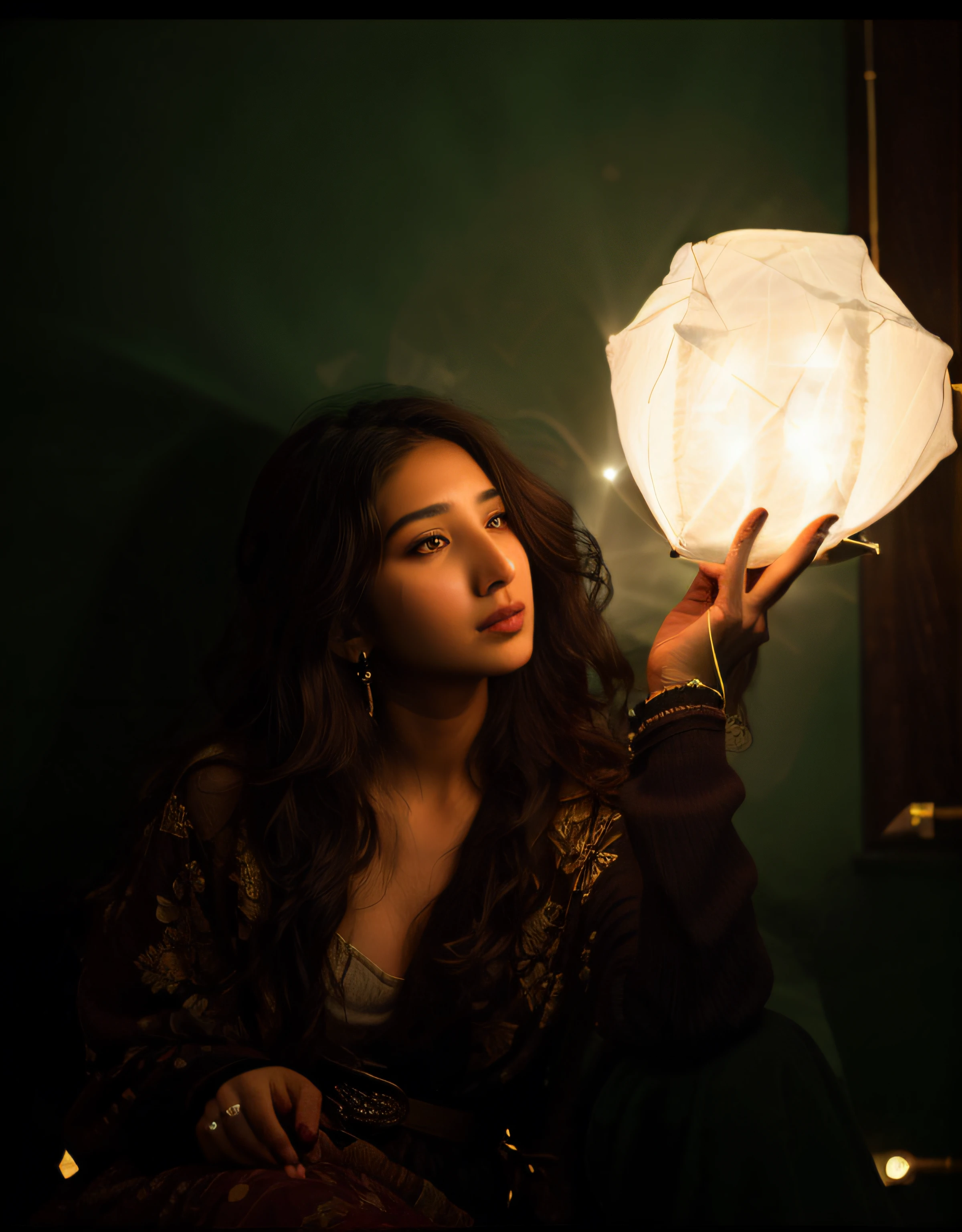 there is a woman holding a light up to her face, taken with canon eos 5 d mark iv, emerging from her lamp, portrait shot, girl under lantern, taken with canon 5d mk4, mahira khan as a d&d wizard, mid shot portrait, mahira khan as a mage, shot at dark with studio lights