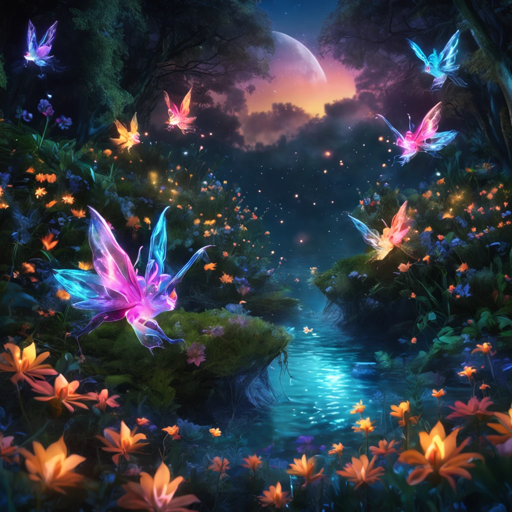 4 small glowing beautiful fairies with transparent wings are flying around a night forest landscape with beautiful flowers, bushes, sparkling water, moonlighting (extremely detailed CG unity 16k wallpaper), most beautiful artwork in the world, professional majestic oil painting, intricate, high resolution, Sharp focus, dramatic, photorealistic, painting art, hyper-realistic, (Van Gough Style)