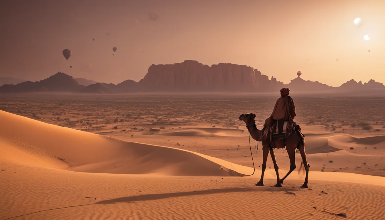 Cinematic images,night moon,Ultra-wide viewing angle,eventide,the setting sun,The vast desert has camel caravans,oases,Works of masters,super-fine,16K resolution,high qulity,电影灯光,High picture detail,dynamic viewing angle,Detailed pubic hair,Epic shooting,oc rendered
