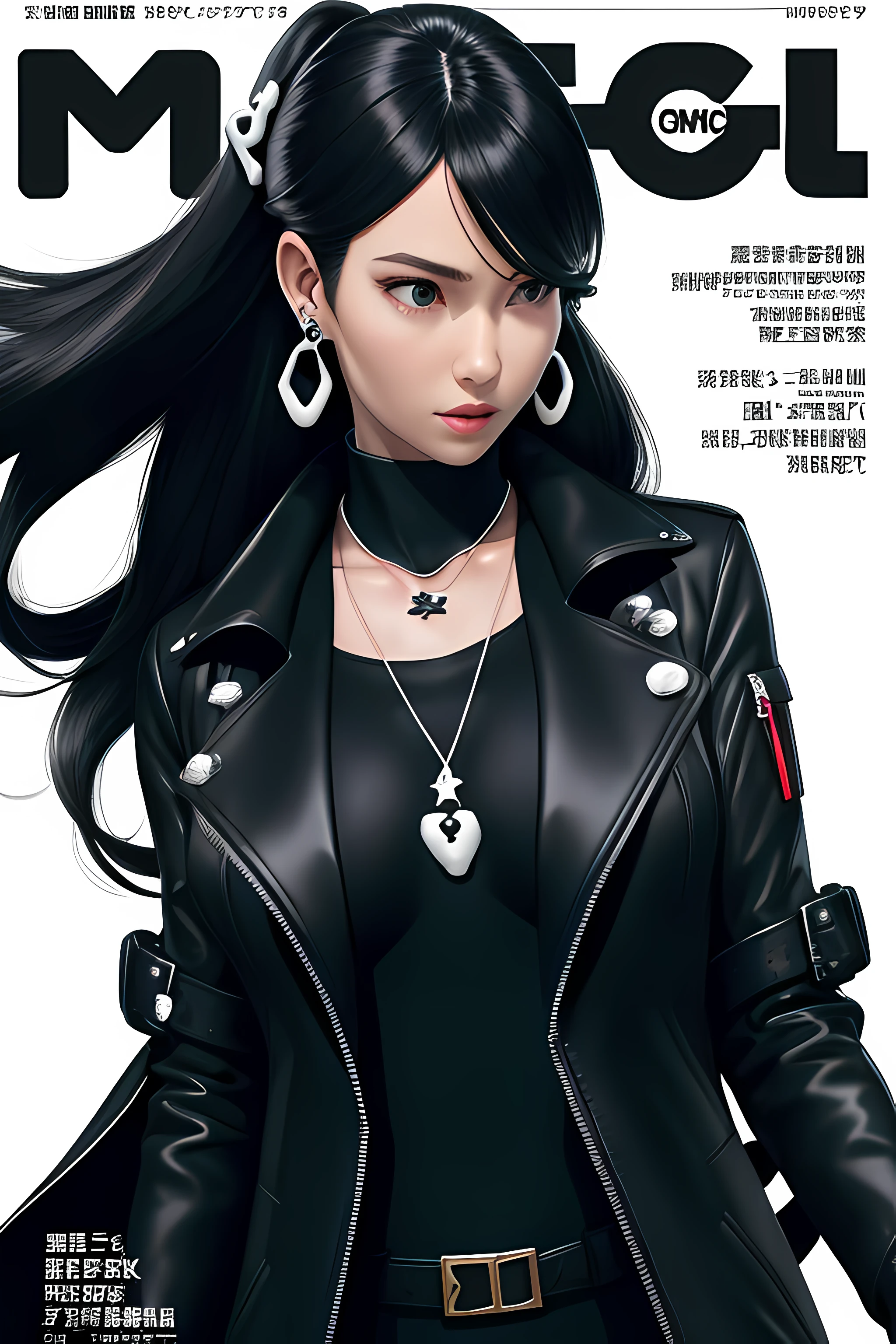 magazine scan,(magazine cover:1.2), cover text, text,( magatama necklace:1.1), wlop, 1girl, black gloves, black open jacket, character request, commentary, earrings, double v, jewelry, long hair, looking down, perfect flowing hair, solo,