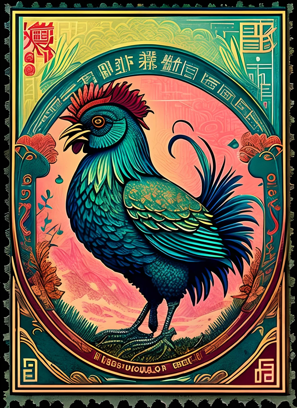 A Vietnamese stamp depicts a rooster, Psychedelic surrealist style, Qing dynasty, photo taken with ektachrome, Indigo and green, Japanese folk art, Bamileek Art, Otherworldly creatures