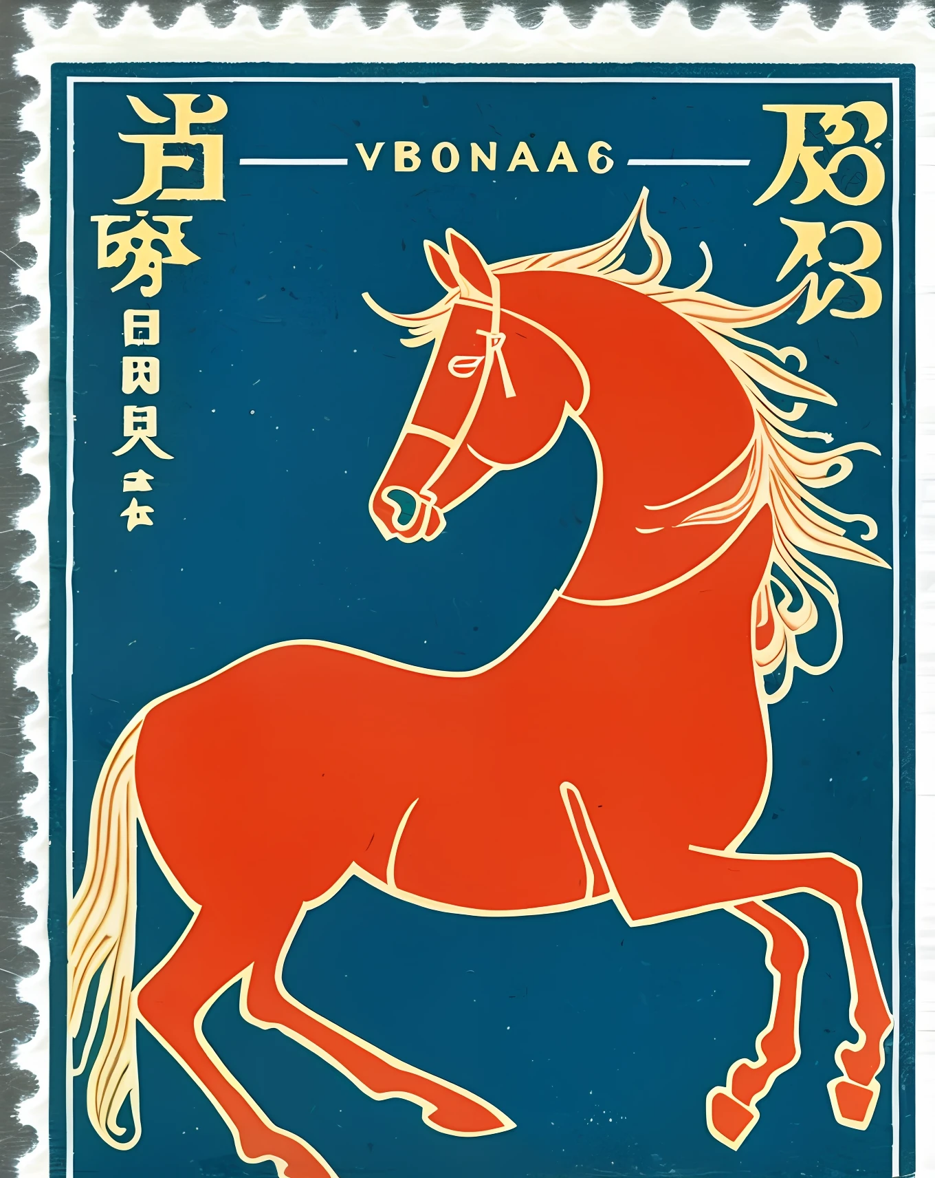 A Vietnamese stamp depicts a horse, Psychedelic surrealist style, Qing dynasty, photo taken with ektachrome, Indigo and green, Japanese folk art, Bamileek Art, Otherworldly creatures