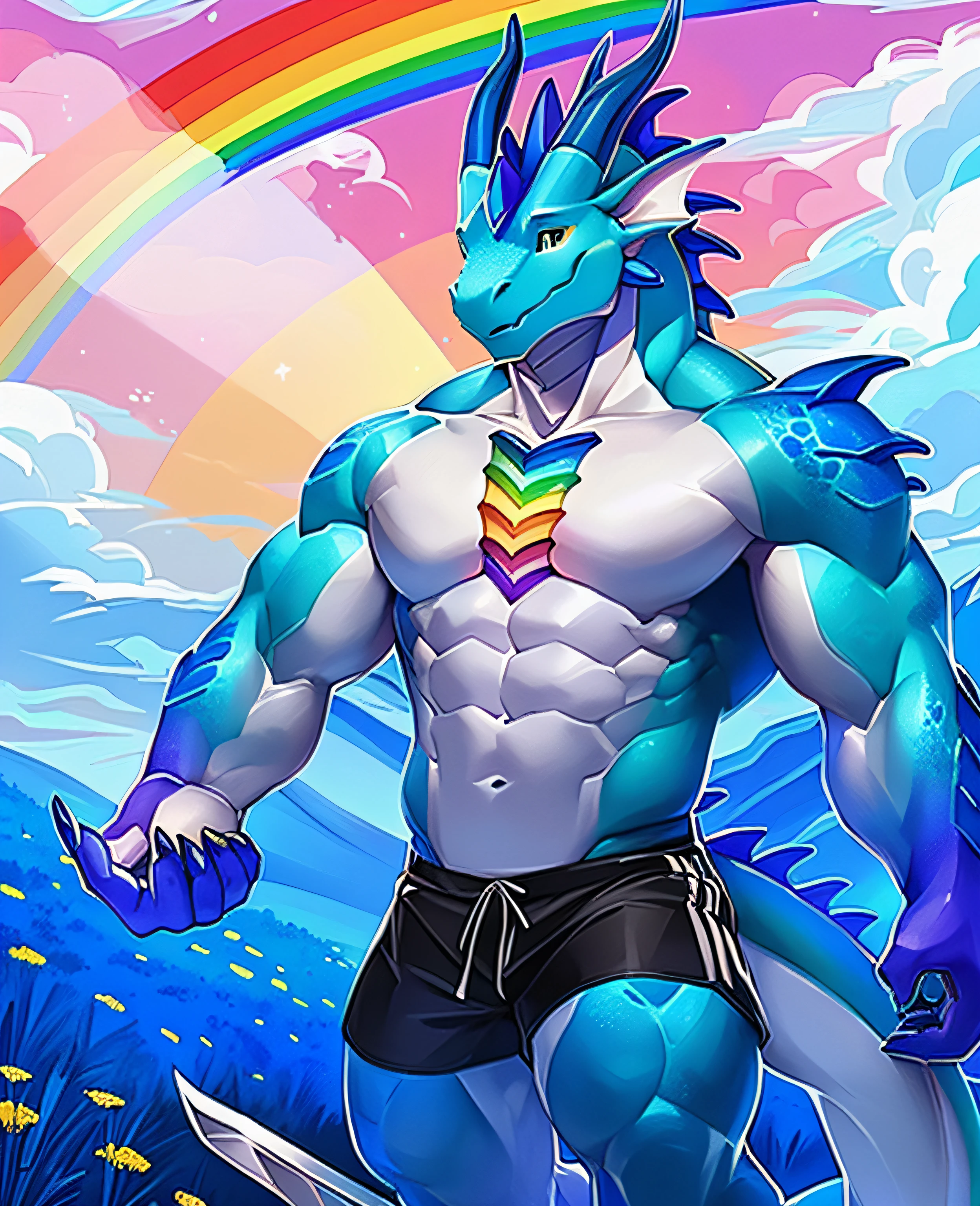 young male anthro dragon, as an anthropomorphic dragon, but as an anthropomorphic dragon,Blue with colored scales,White belly,Muscular,Carrying a large sword on his back,Colored gemstones on the chest,Beckoning gestures,Blue background with rainbow psychedelic sky,cyan meadow,Wear colored shorts