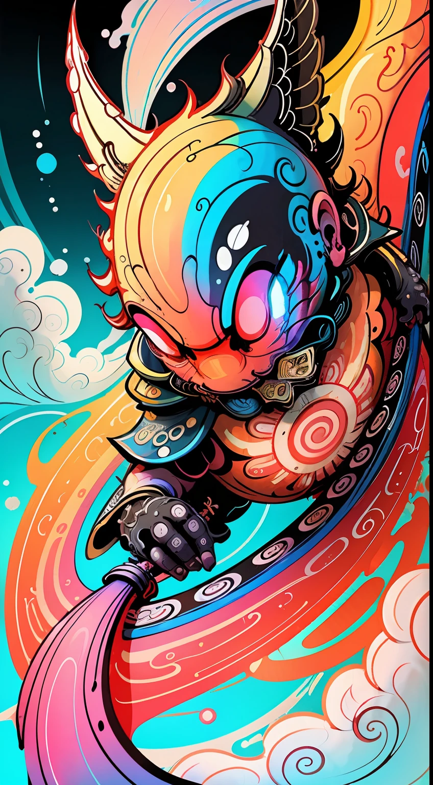 Making of Illustration Poster, Flat illustration, Colorful, Highly saturated, Wheel Guoguan, warm and bright, Colorful, HDTV8K, colored light particles, Heterochromatic, Male , Upper body, Clear face, By the sea, Moderately wide blue sky, white clouds, (Color: 1.5), -- V6