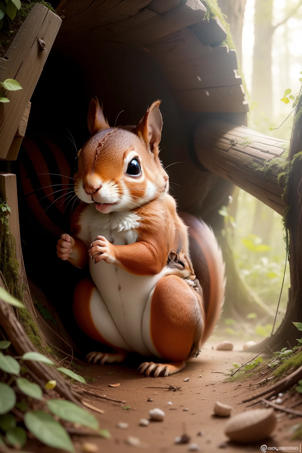 Playful images of a squirrel in its burrow going through the hard times of a winter for not having been able to save socient nuts. Um esquilo fofinho, but sad due to his situation.