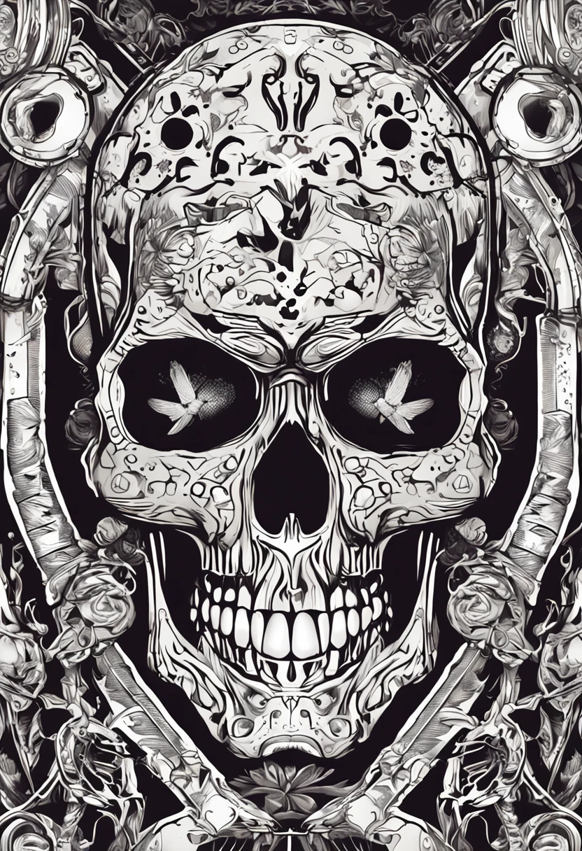 Obra prima, estilo decalque de tatuagem, 2d, estampa para camisa, maximum details, rosto de caveira, com efeitos de pontilhismo, tentaculos de polvo