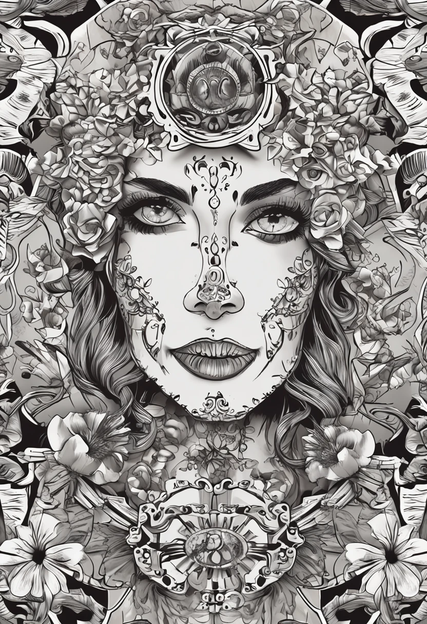 Obra prima, estilo decalque de tatuagem, 2d, estampa para camisa, maximum details, rosto de caveira, com efeitos de pontilhismo, tentaculos de polvo