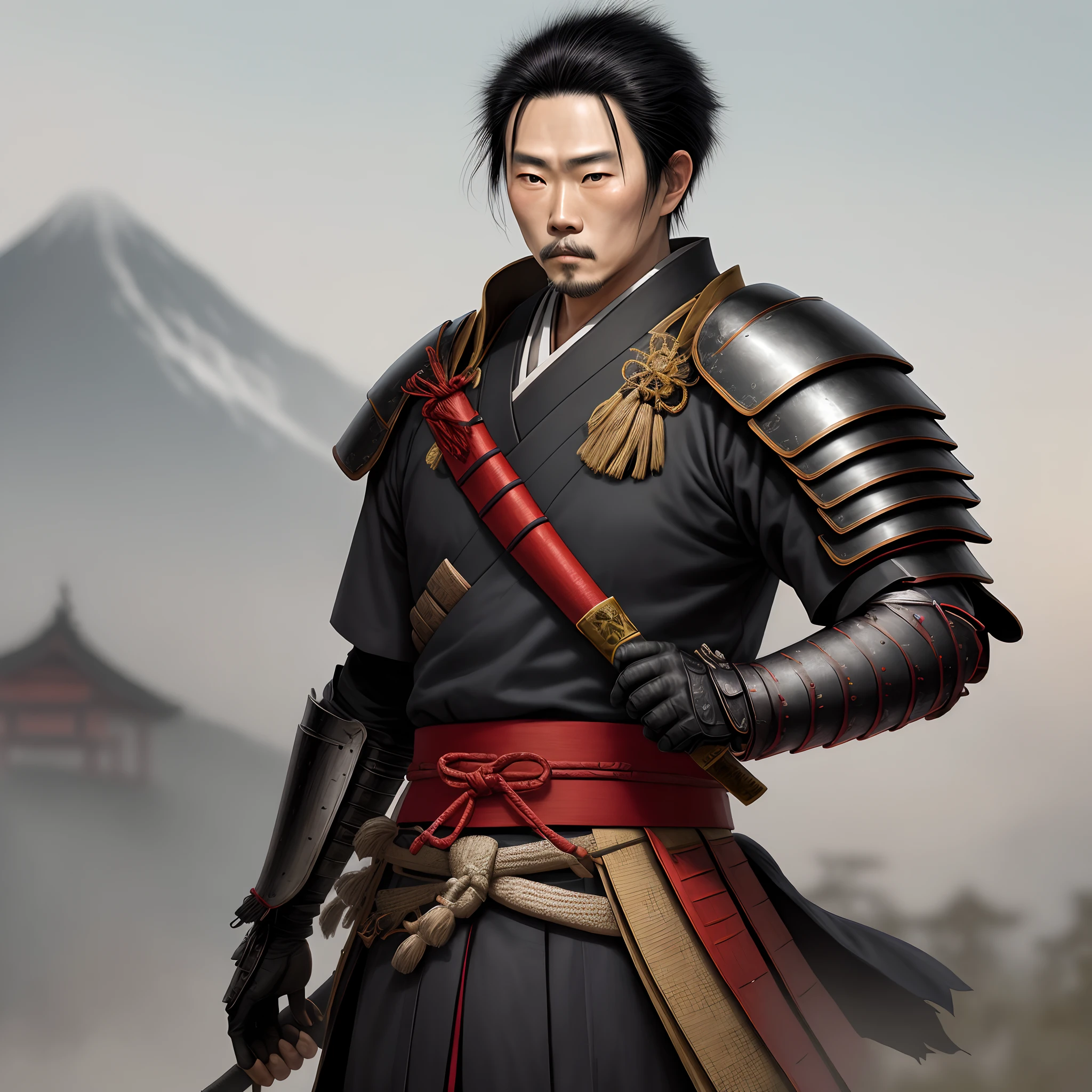A Japanese bald samurai with black hair and wearing Japanese Sengoku period armor