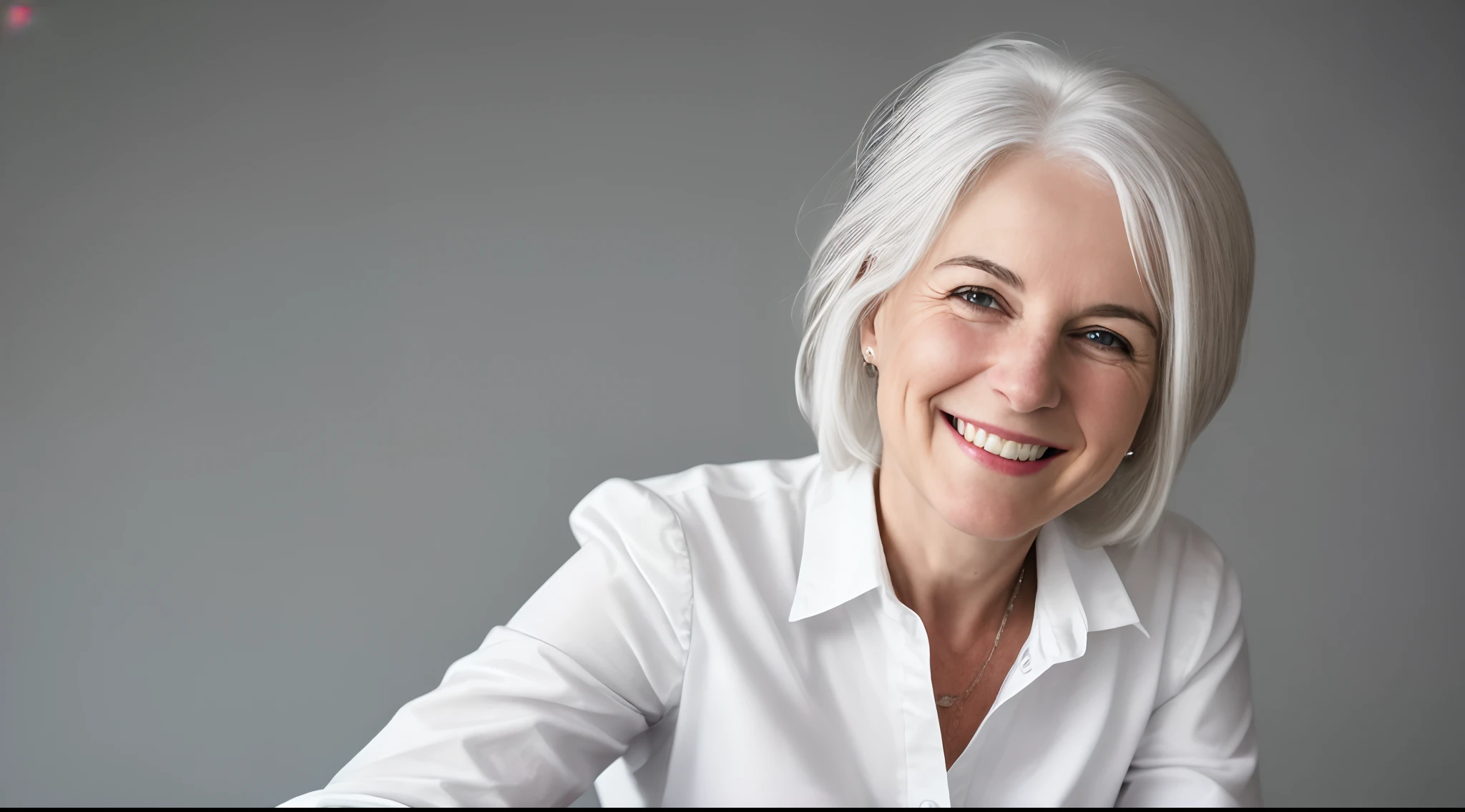 a woman with white hair smiling and wearing a white shirt, white haired lady, smiling woman, white haired, white-haired, she is smiling and happy, making the best smug smile, gray haired, beautiful and smiling, silver haired, she is smiling, 70 years old, 7 0 years old, wearing silver hair, flowy white grey hair, smiling with confidence