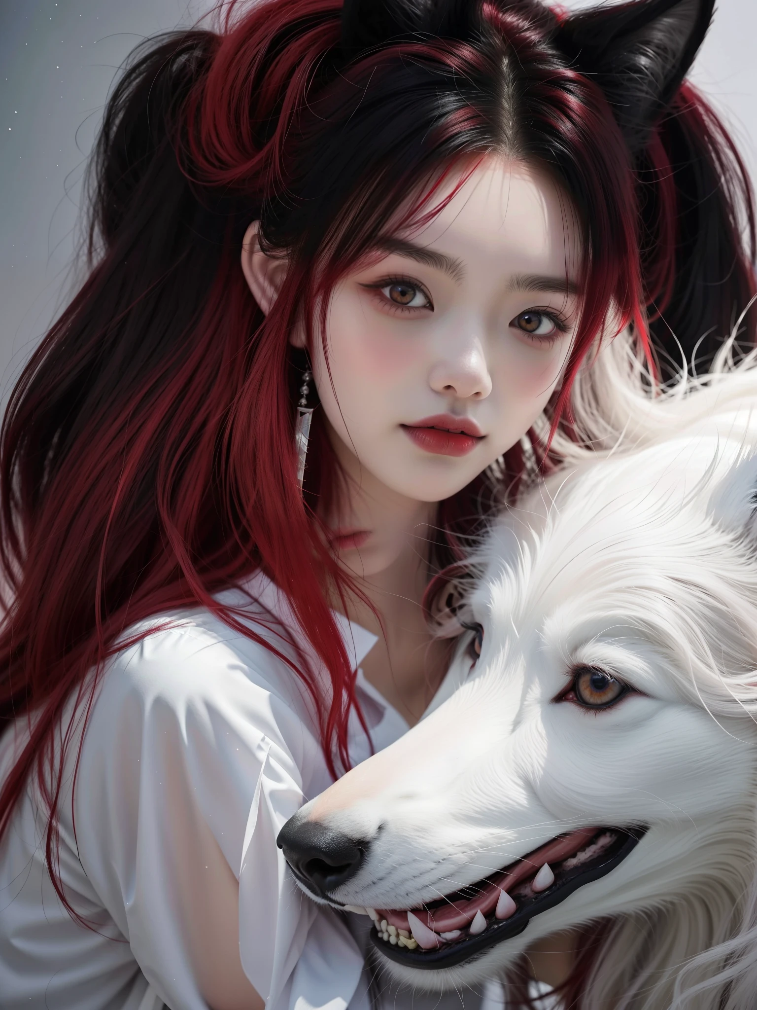 Anime girl with red hair and black ears hugging white wolf, Arte em estilo Guviz, Guviz, Obra-prima de Guweiz, Guweiz em Pixiv ArtStation, Guweiz em ArtStation Pixiv, por Yang J, Loish e WLOP,arte digital detalhada bonito, lovely digital painting