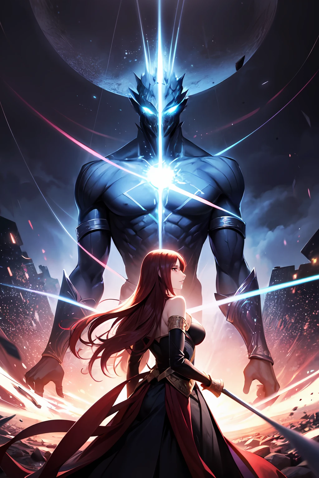 In a dark fantasy realm, a tall female with long, flowing red hair and prominent features stands defiantly next to a male with shoulder-length black hair. Both gaze into multiple portals, revealing glimpses of various worlds. Amidst the chaos, a blue book pulsates with ethereal energy, hinting at its immense power. The atmosphere is thick with tension and anticipation.