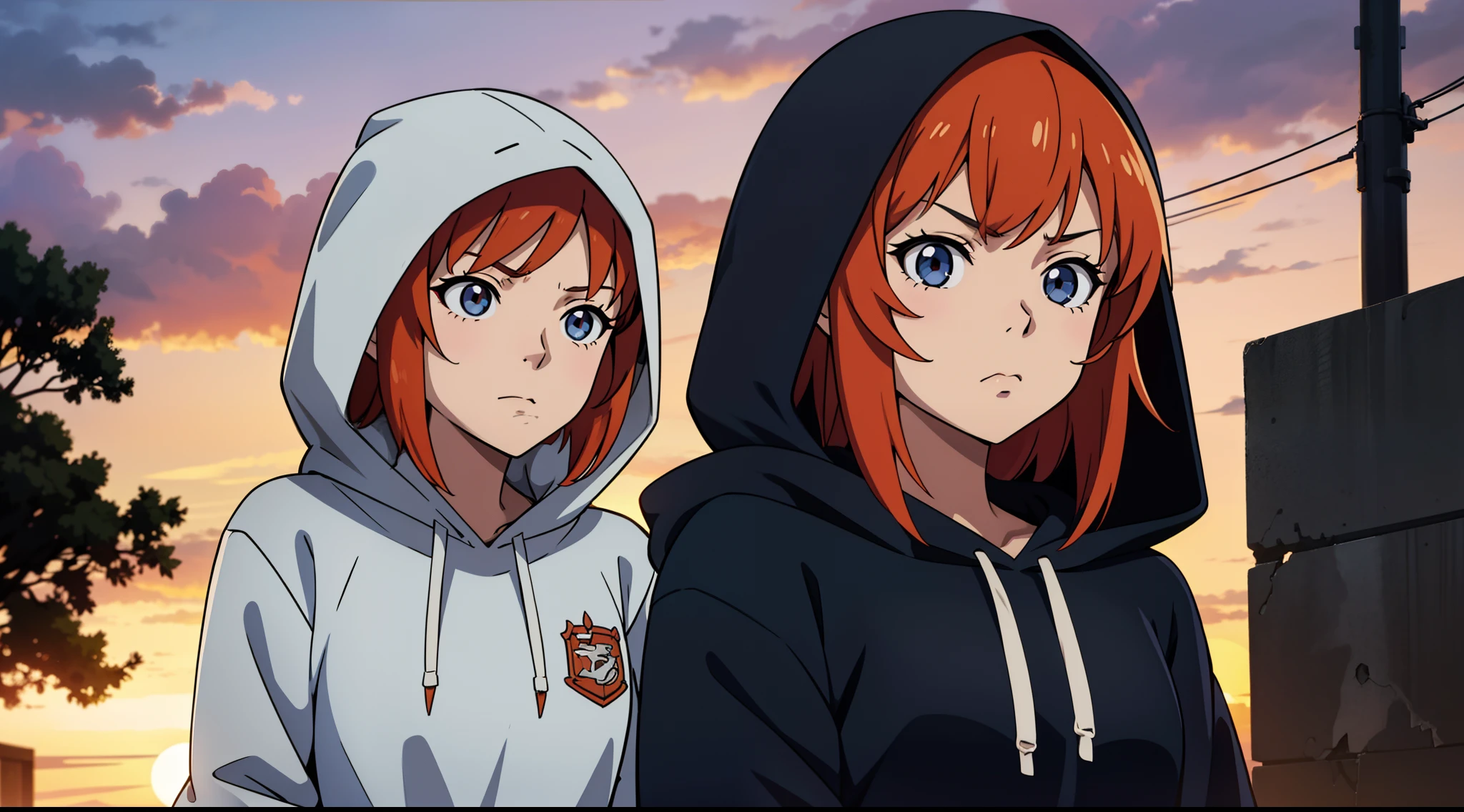 Anime girl, looking at camera, sad face, sunset, upper body, ultra detailed, wearing hoodie, hood on