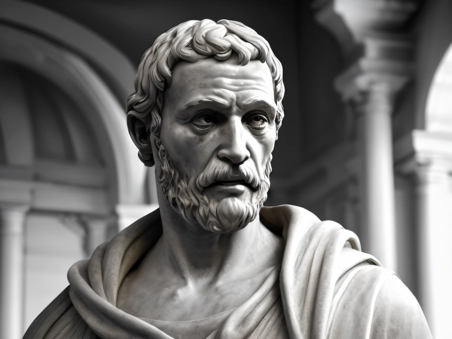 Seneca, Close-up of a classical wise Greek philosopher, Statue in a temple, postura estoica, deus grego, wisdom, cinematic feel, preto e branco, ultra realistic, Ultra detalhado e artesanal em todos os aspectos, Descubra os Sete Mares