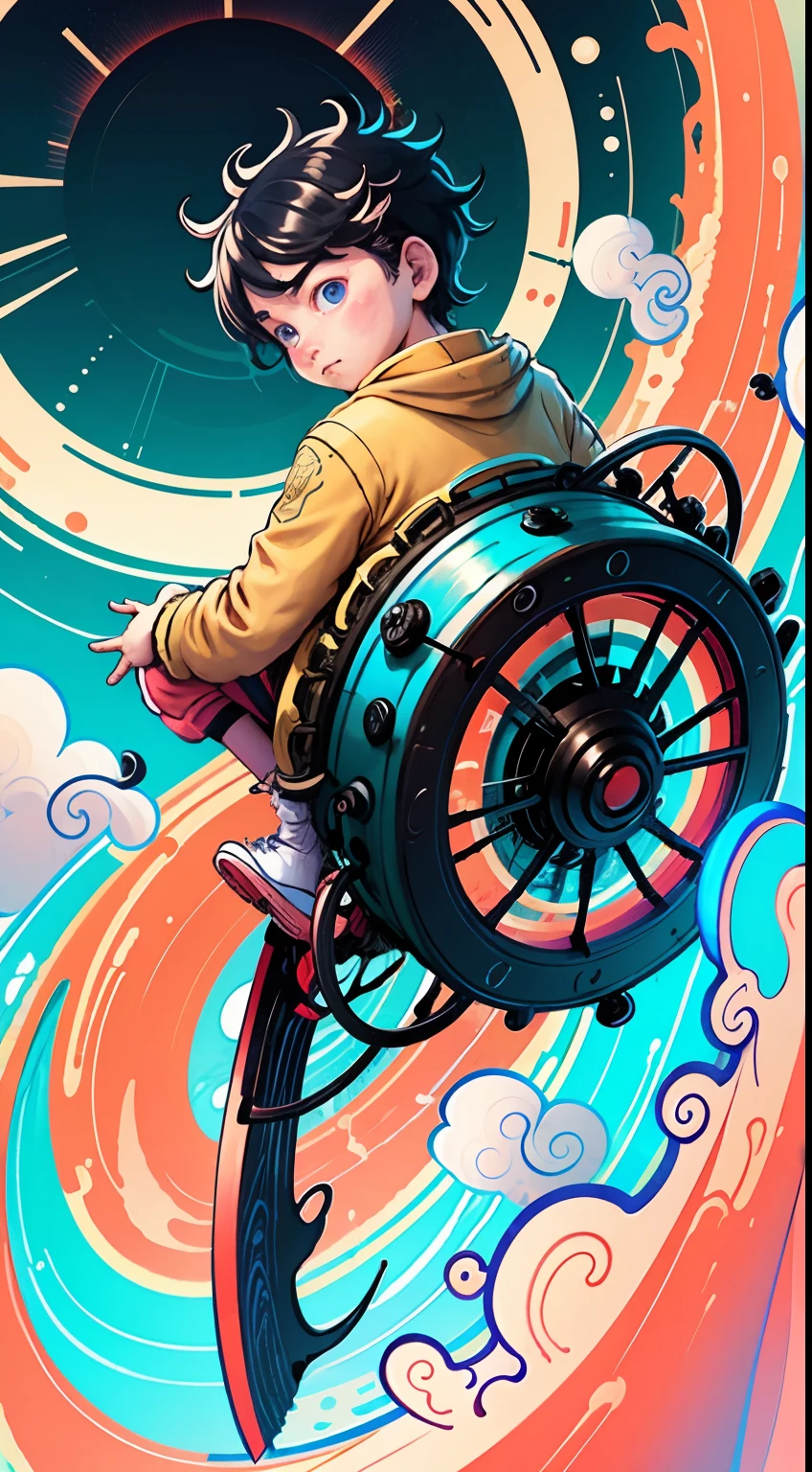 Making of Illustration Poster, Flat illustration, Colorful, Highly saturated, Wheel Guoguan, warm and bright, Colorful, HDTV8K, colored light particles, Heterochromatic, Male child, Upper body, Clear face, By the sea, Moderately wide blue sky, white clouds, (Color: 1.5), -- V6
