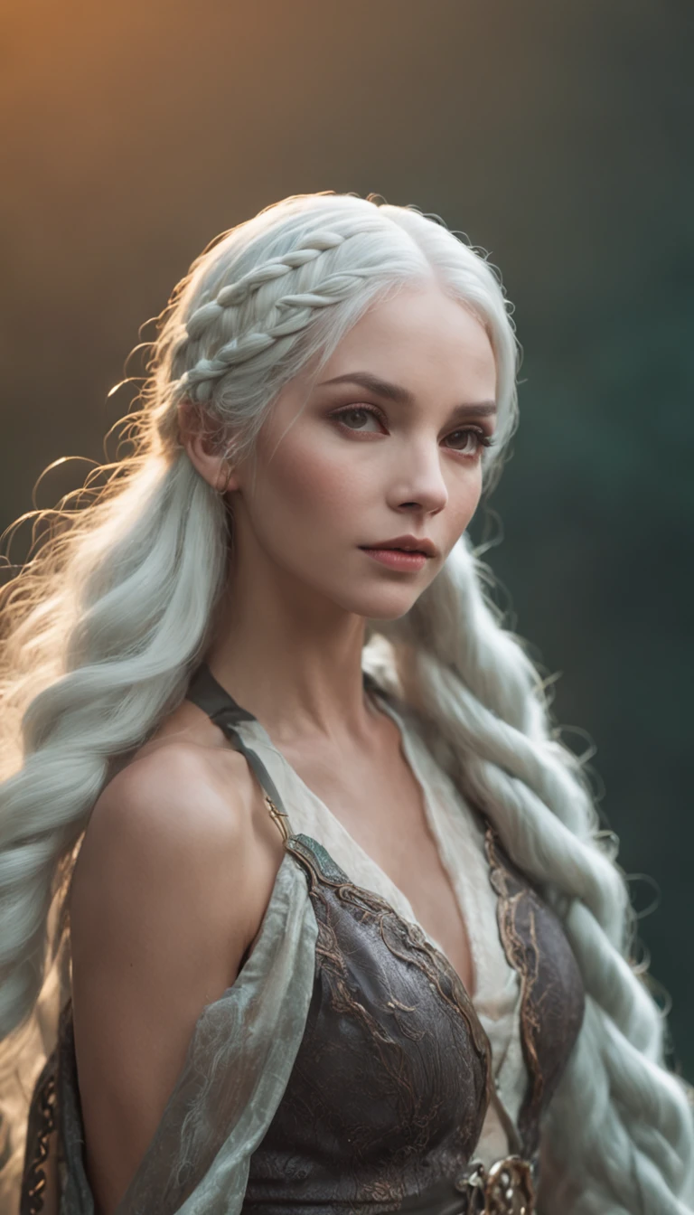 1 mulher, corpo de peixe, olhar cativante, silky white hair with braids, Scales, pele escura, olhos verdes, sorriso sedutor, flowing robes, magic staff, casting spell, Mystical aura, Movimento serpentino, em uma rocha no mar, noite de luar, Turbulent mist, ethereal beauty, fantastic creature, atmosfera surreal, encantamento, Charme hipnotizante, Poder fabuloso, Ability to cast spells.