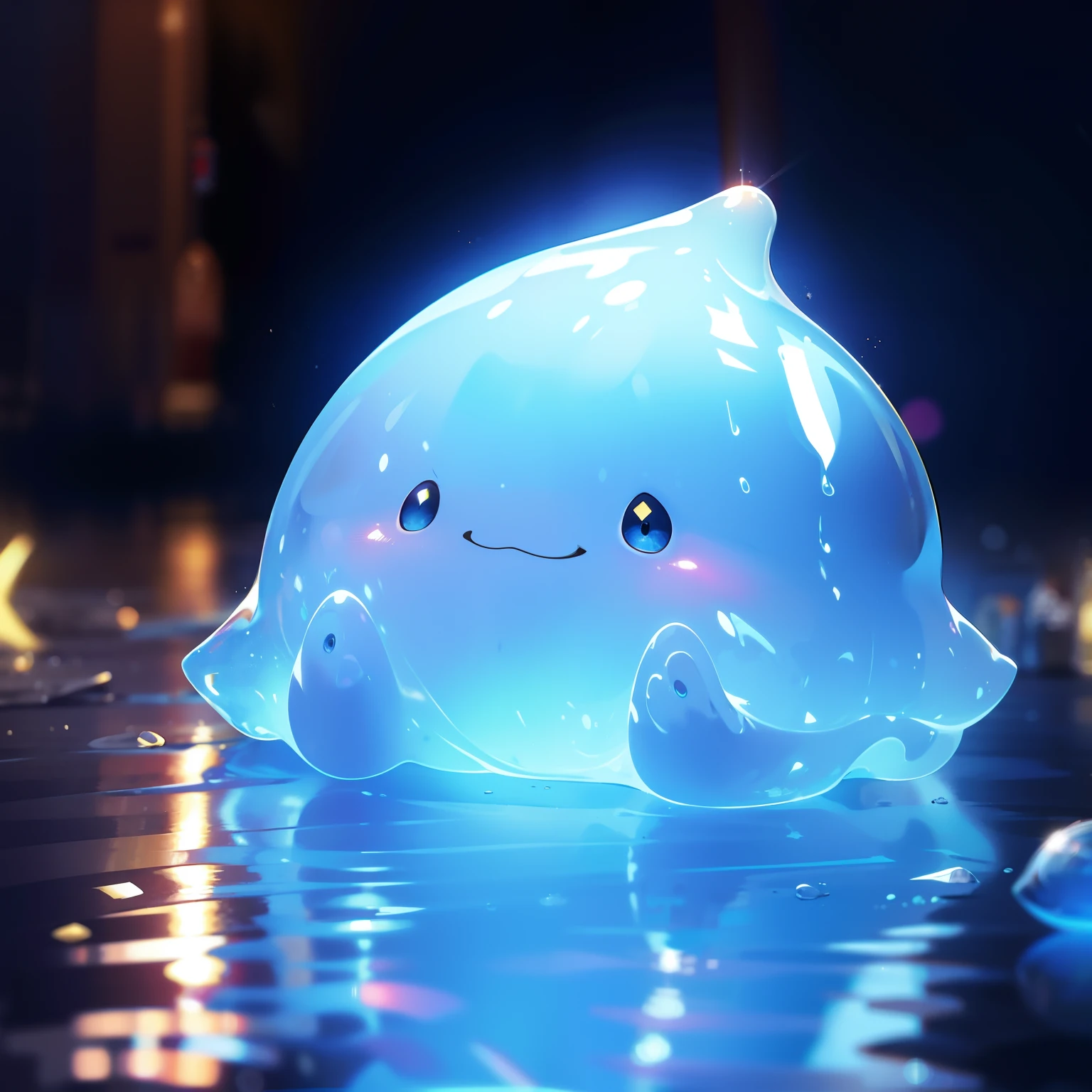 Un slime dentro de una botella,en una sala,taller de alquimia,slime