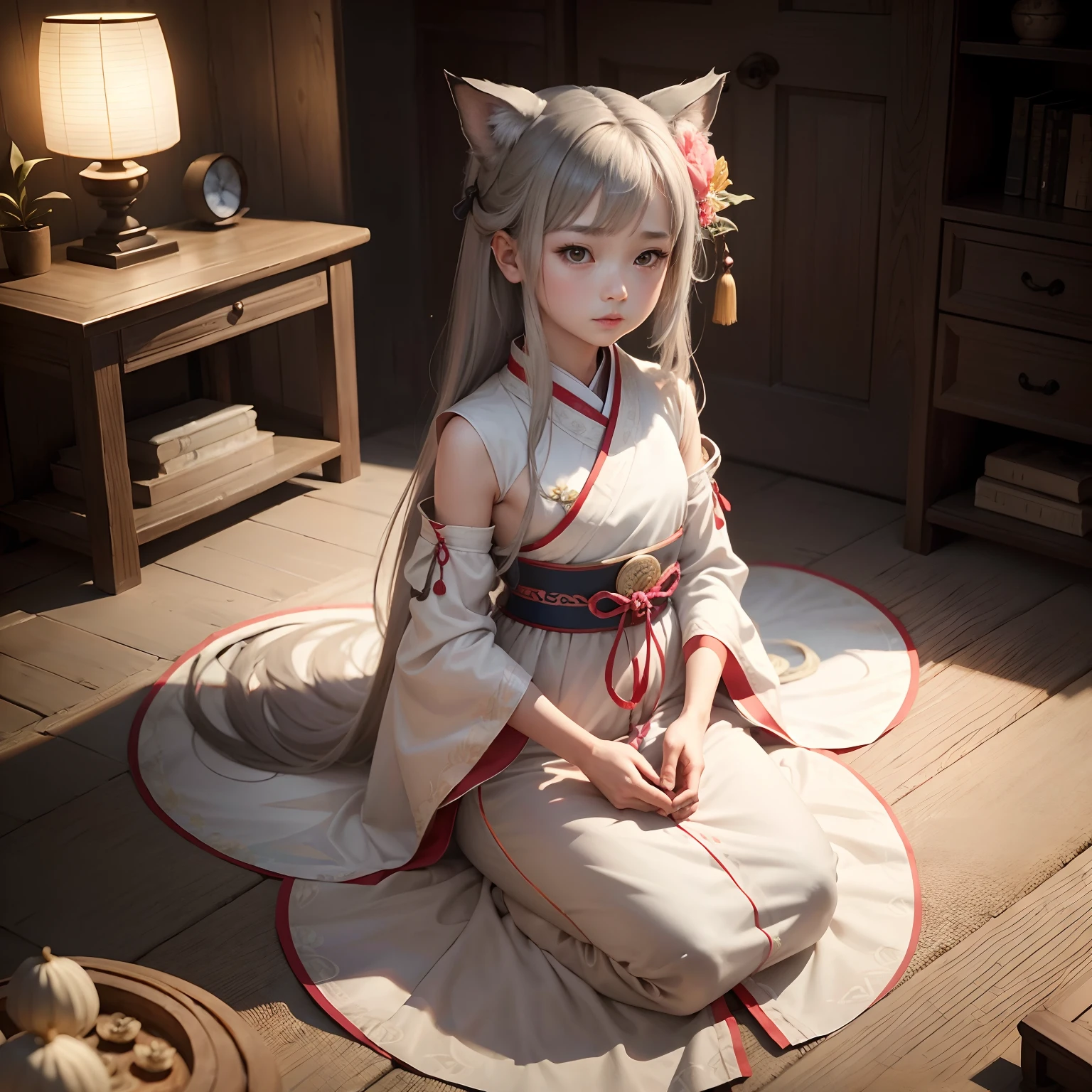 ((4k,masterpiece,best quality)), shuimobysim, Traditional chinese painting, lotuses, Hanfu, maxiskit, dress conservatively 1 girl, 独奏, gray hairs, length hair, fox ear, white colors, 比基尼, fishs, Many fish are close to the girl, looking looking at viewer, tease，Real and detailed face 1 little girl shirtless