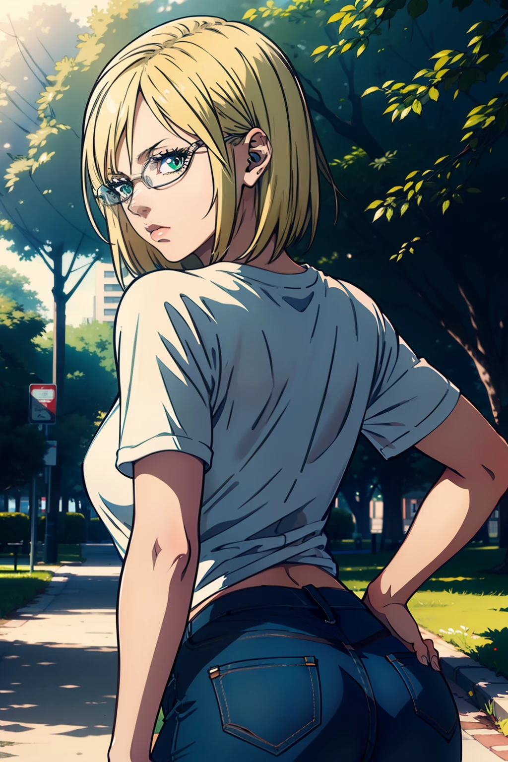 (masterpiece, best quality, ultra-detailed), 1girl, MichelleKD, blonde hair, green eyes, glasses, looking at viewer, from behind, (short jeans), white t-shirt, in the park, bellow view