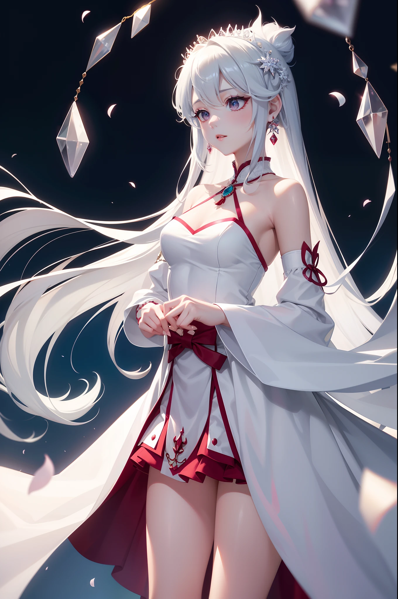 She wears a short knee-length dress,The thin lips are delicate like rose petals。Hair is fluffy and coiled,It seems to melt everything away。Hair is fluffy and coiled;Firm and straight nose,That night,But there is a deep sorrow that is not easy to detect,Amazingly beautiful,Bloom dark incense in the moonlight,On his long jade-like hair was a small white gold crown,Long eyelashes fluttered slightly,Long eyelashes blinked,Long, dense eyelashes like a small fan,There is indifference in the show、Hair that flies together、Seductive eyes,A slender white ribbon goes around the neck、Crystal earrings with pink in white,unfathomed,Every snowflake that dances and falls。The big eyes are different compared to ordinary beautiful women,It exhibits a near-transparent ruby red。The gesture is full of the noble elegance of the royal princess、Black and red are dominant,A white belt is tied around the waist with a short tassel、A delicate crystal chain hangs from a fluffy pink ball at the edge of the boot。Depict the details。