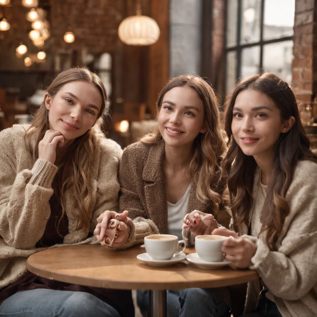 A group of friends gather in a cozy coffee shop. They are in an environment lit by natural light filtered through the curtains. They talk animatedly, each person has a unique style, reflected in their clothes and accessories. 

The decor of the cafeteria is cozy, with cups of coffee. The soft lighting creates a pleasant and inviting atmosphere.  The image is ultra-realistic and features high definition.