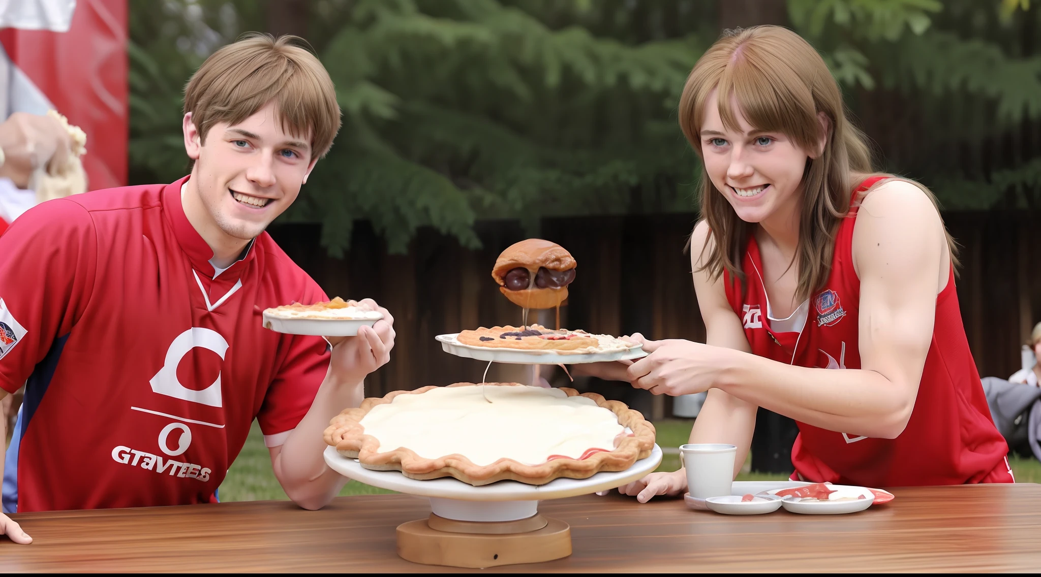 Tony Chesnutt, a 22-year-old American, with his blonde hair, piercing blue eyes, and athletic build, has decided to step into the exciting world of a pie eating contest. With a competitive spirit and a hearty appetite, Tony eagerly joins the feast. Ready to indulge in the sweet and messy challenge, he hopes to conquer the pies and come out victorious in this outdoor event, embracing the thrill of the contest.