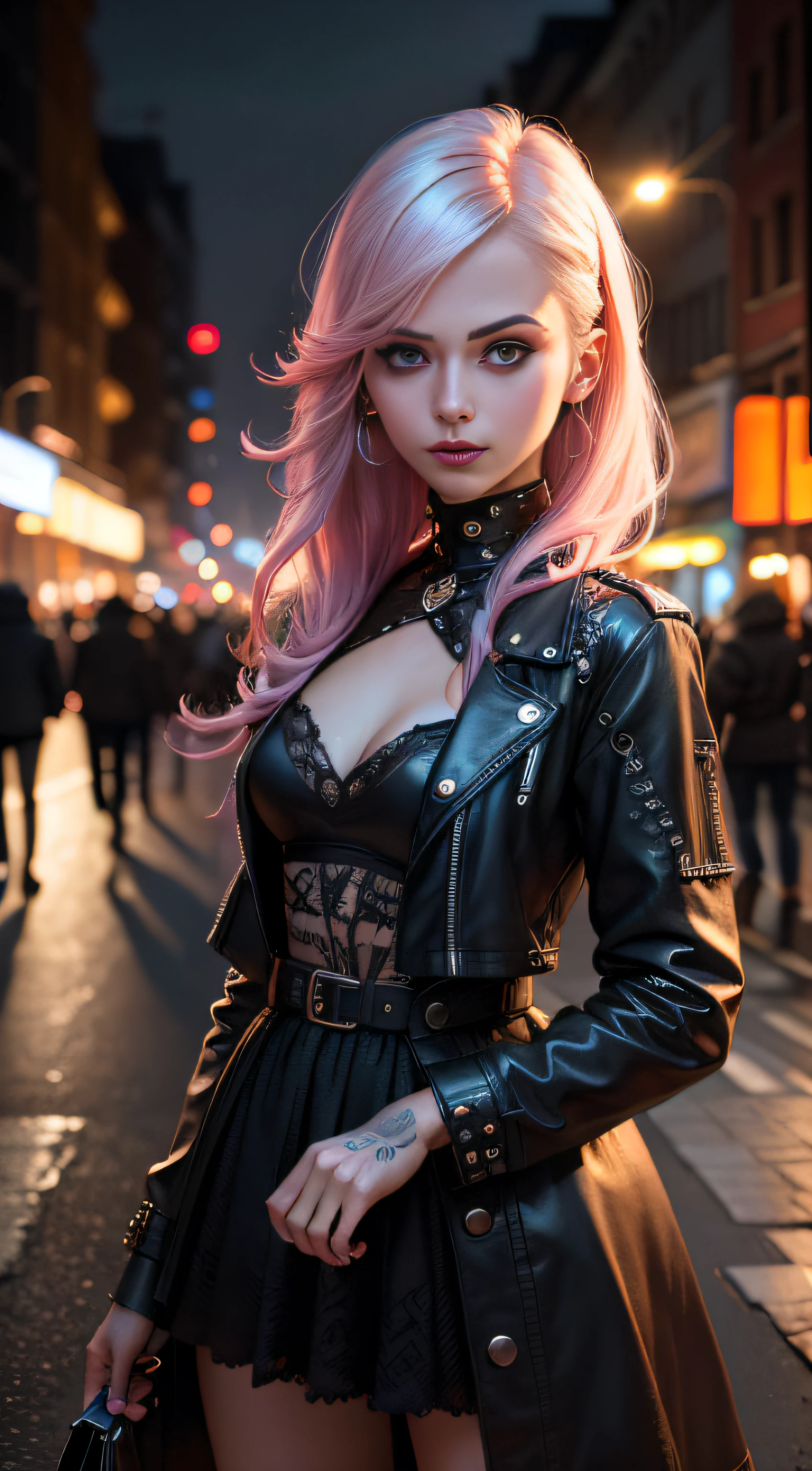 ull length portrait of a 23 Years Old european female fashion model, dressed like a Bio punk style, intricately detailed on her dress, Happy expression on face, night street background, fluorescent lighting, extremely realistic, 8k, insane details, intricate details, beautifully color graded,Color Grading, Editorial Photography, Photography, Bokeh, taken with a 60mm lens, ISO 300, f/4, 1/200th