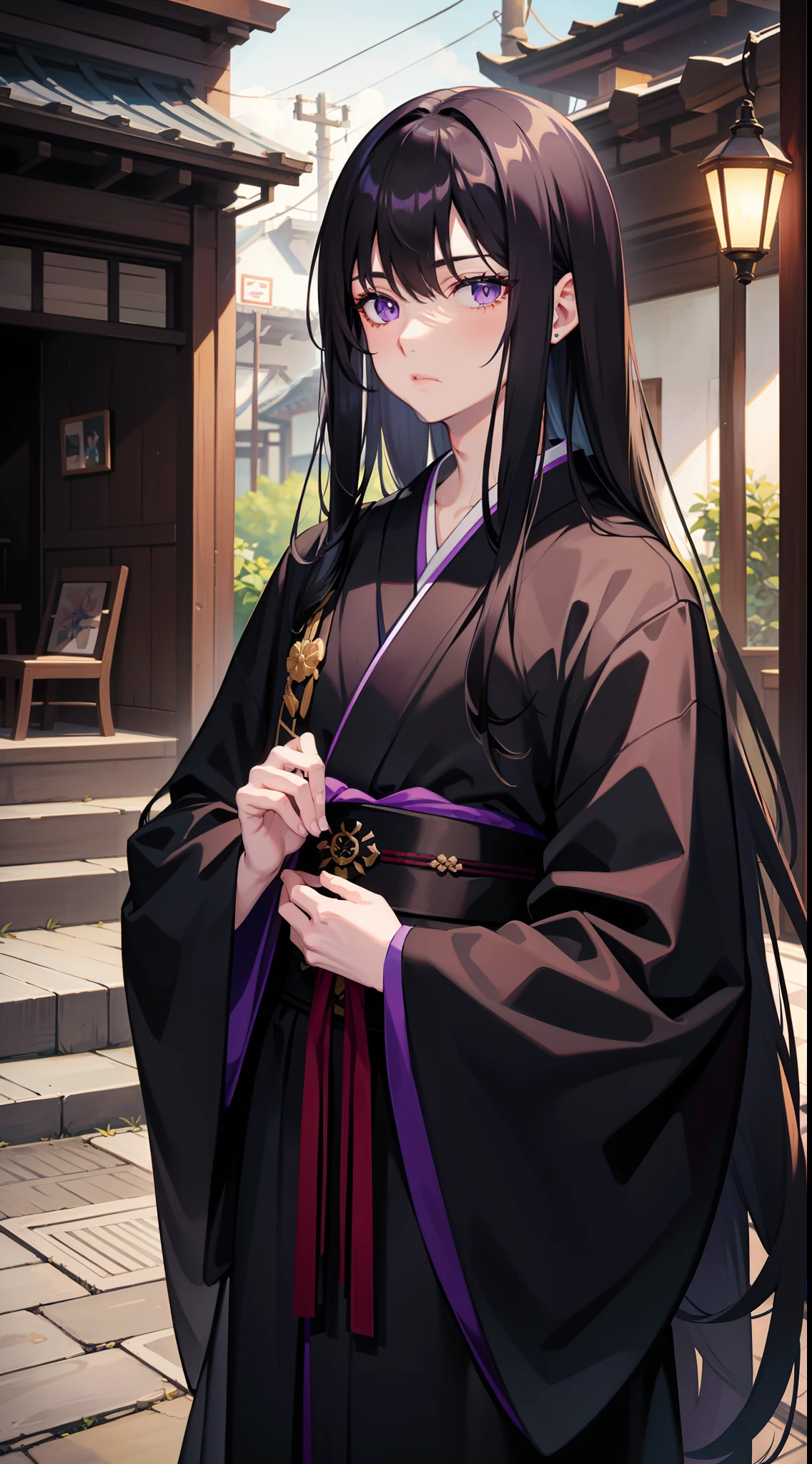 adult man, Long black hair, violet eyes, Thin, black kimono, Masterpiece, hiquality